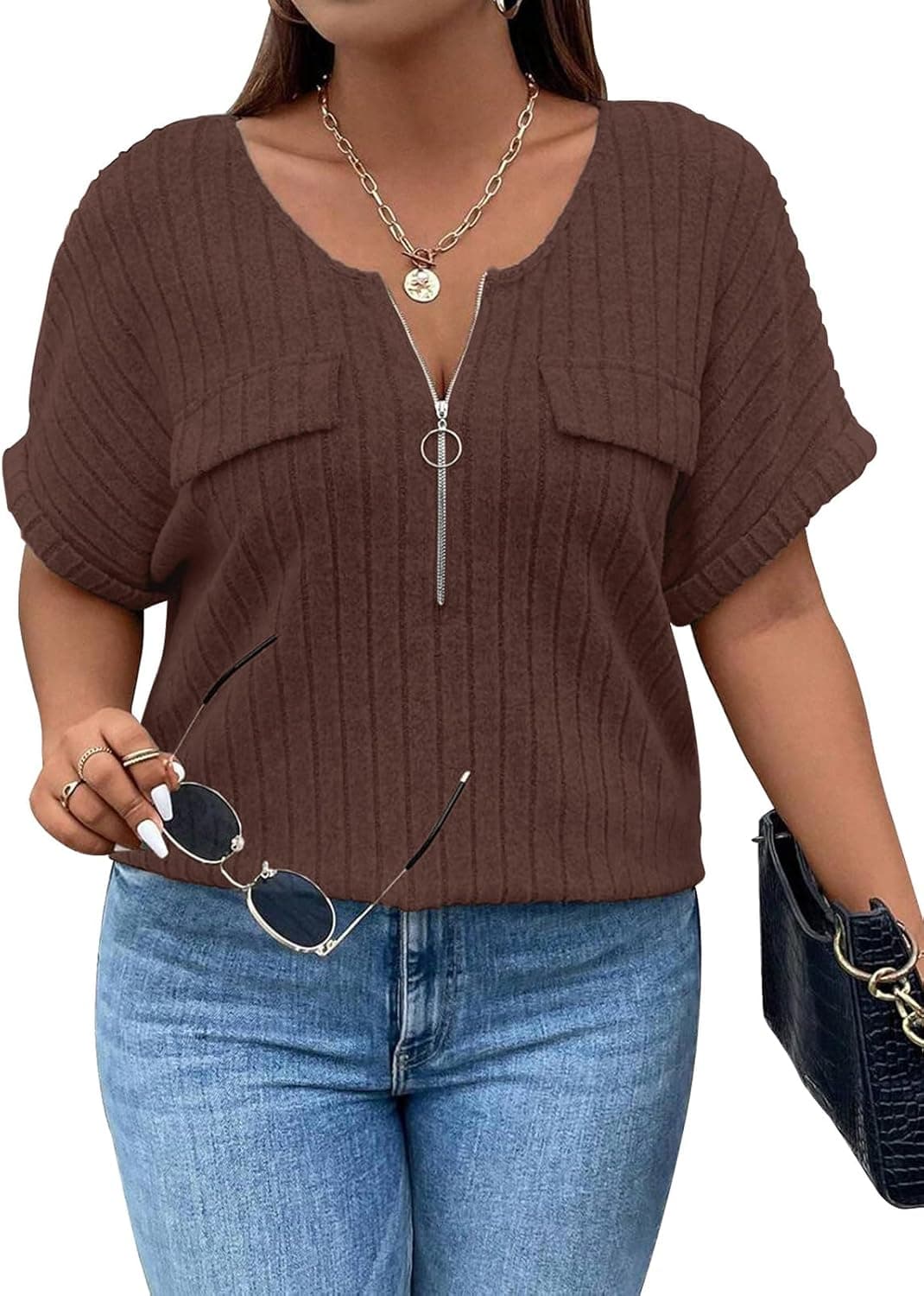 Gemulate Plus Size Tops for Women V Neck Zipper T-Shirts Oversized Ladies Tops Ribbed Short Sleeve Tunic Top Loose Casual Lightweight Shirt Blouses XL-5XL