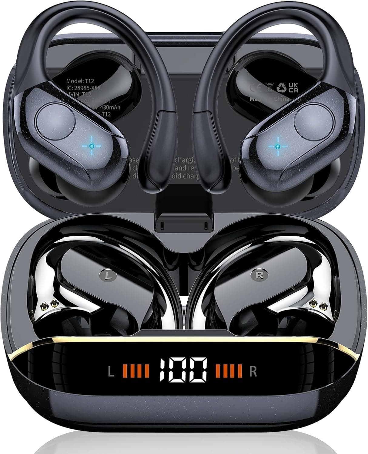 Qecnato Wireless Earbuds Bluetooth 5.4 Headphones 75H Stereo Deep Bass Sports Over Ear Buds with Earhooks, LED Display Bluetooth Earbuds with 4 ENC Mic, IP7 Waterproof Earphone for Running