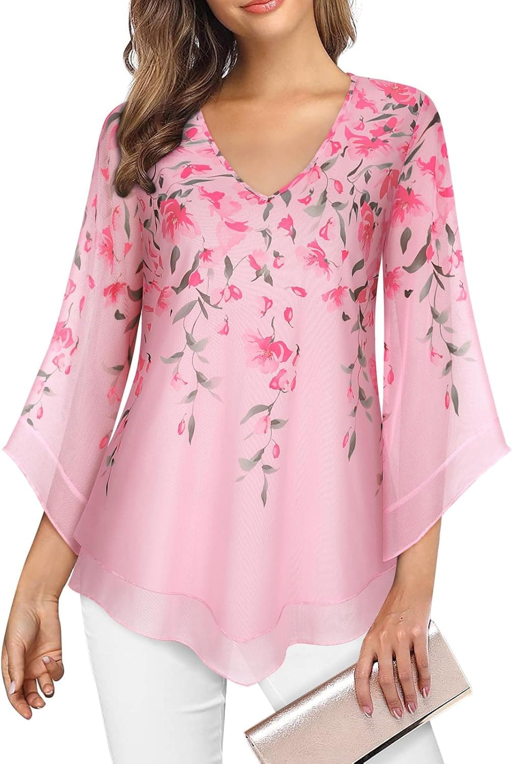 Gemulate Womens Tops Ruffle 3/4 Sleeve Blouses for Women UK Loose Flowy Ladies V Neck Chiffon Tunic Tops Double Layers Mesh Shirts