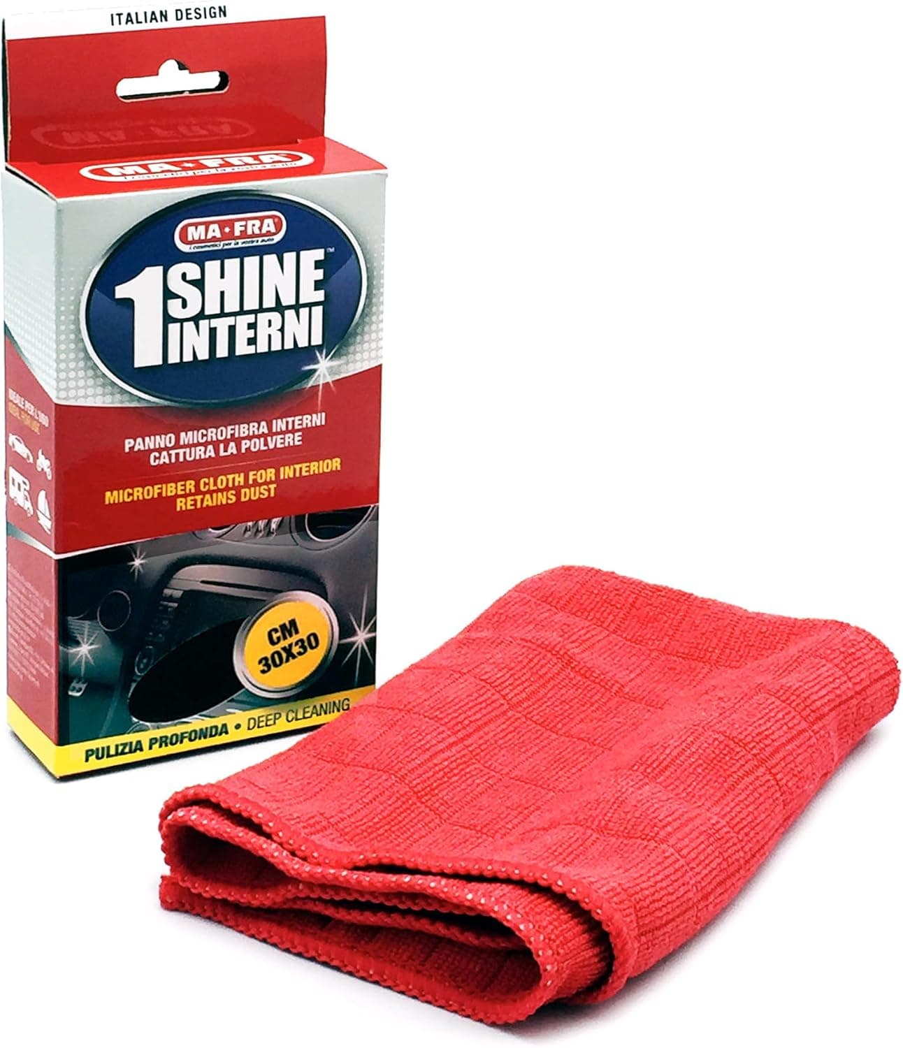 Ma-Fra, 1Shine Interni, Panno in Microfibra per Pulizia degli Interni Auto, Cattura la Polvere, Ideale per Pulizia Plastiche e Cruscotti, Colore Rosso, Formato 30x30cm