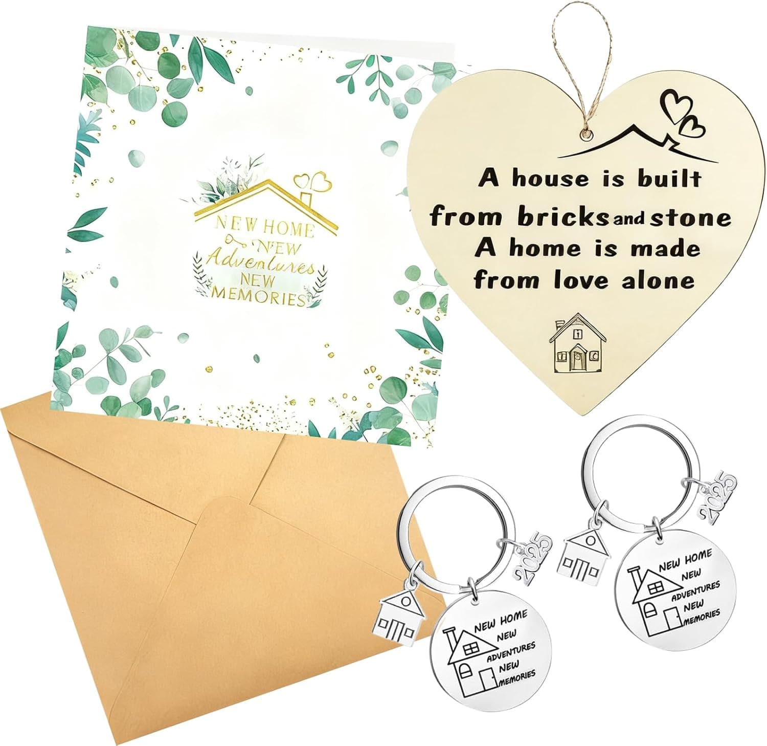 House Warming Gifts with Envelope,Stylish for Commuting Stainless Steel New Home Keyring with Wooden Heart Plaque for Friends Couples, Neighbor,New Home Card Set for Moving House Message