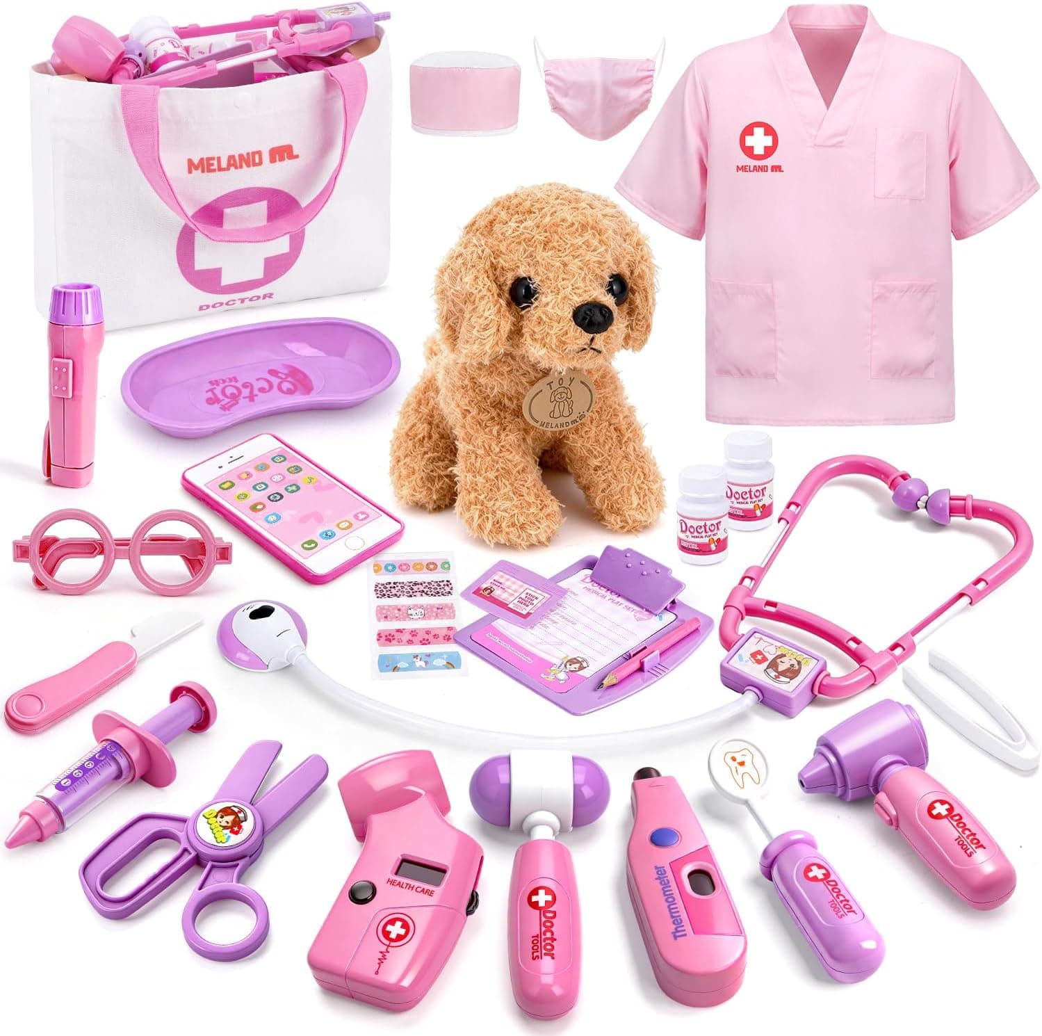 MELAND Doctors Set for Kids, Toddler Pet Vet Set with Doctor Costume, Dog Doll, Doctor Pretend Role Play Toys for 3 4 5 6 Year Old Girls Boys Birthday Gifts
