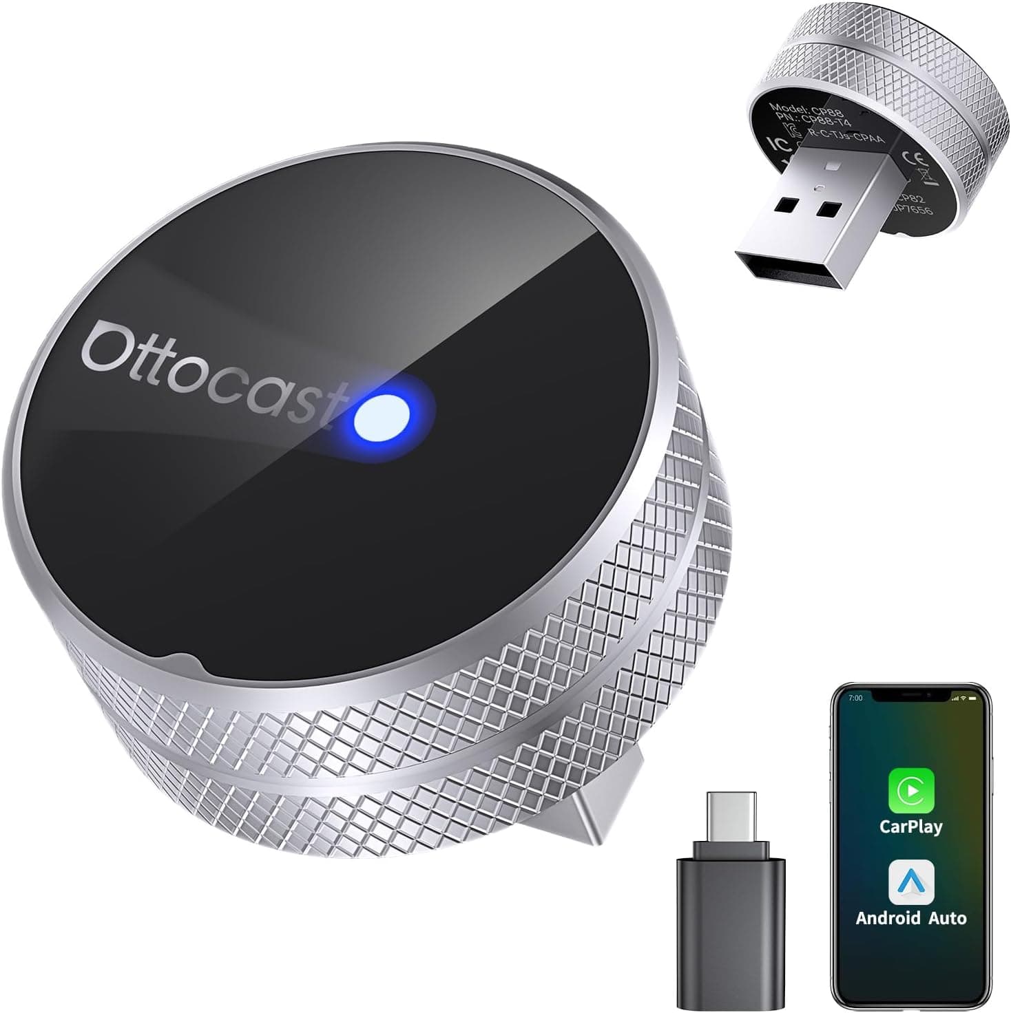 OTTOCAST Mini Tube 2026, Adattatore Wireless CarPlay & Android Auto, Connessione in 5-8s, USB-A/Type-C, Aggiornamento OTA, iOS 10+/Android 11+, Compatibile Auto dal 2016 (No BMW/Tesla)