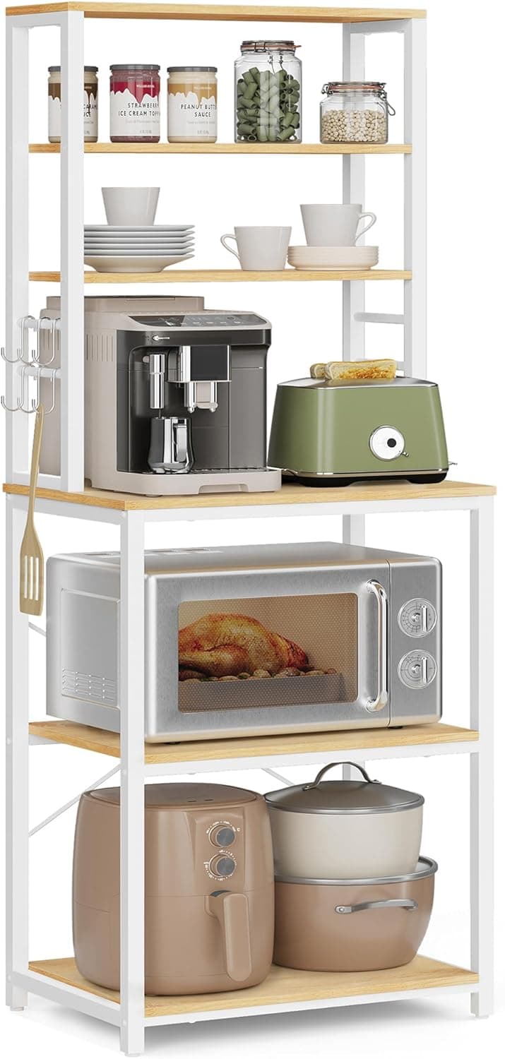 VASAGLE Scaffale Cucina, Mobile Cucina, Scaffale per Microonde, 6 Ripiani, 6 Ganci, Struttura in Acciaio, Stile Rustico, 40 x 60 x 167 cm, Rovere Dorato e Bianco Nuvola KKS024W09
