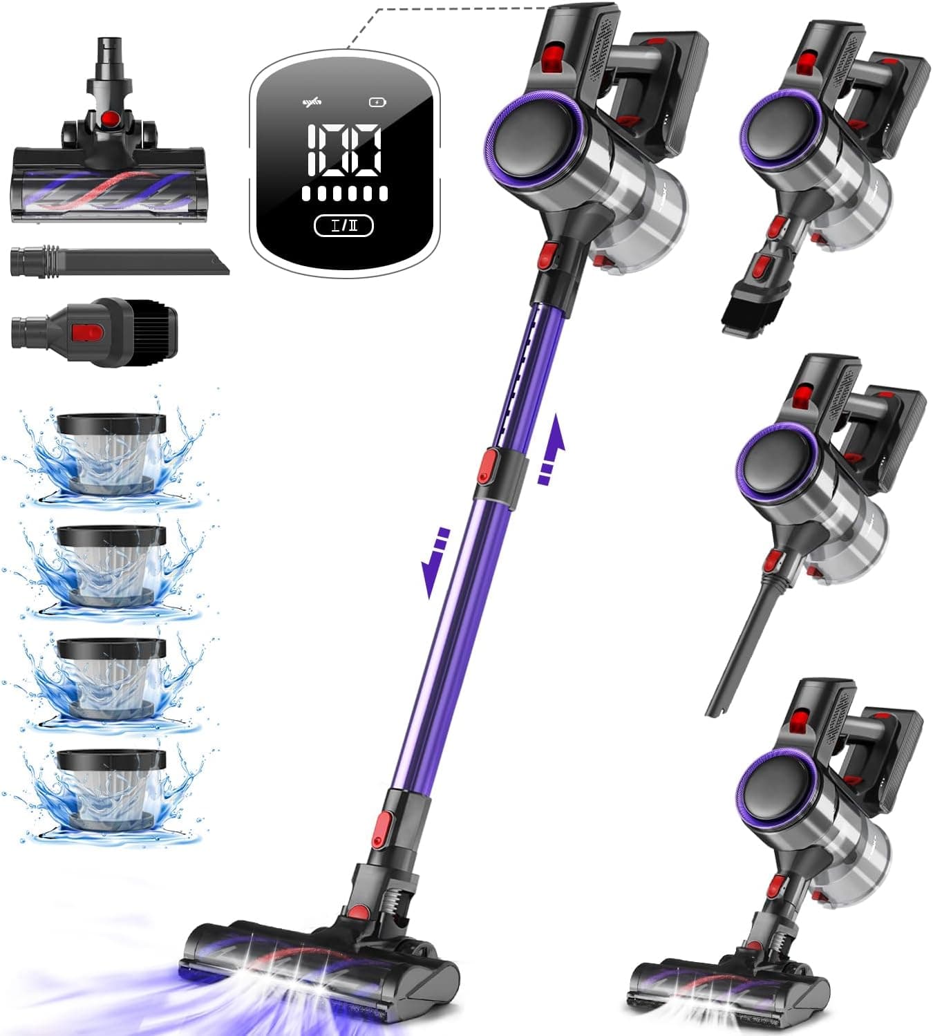 Akku Staubsauger Kabellos, 45000Pa Kabelloser Staubsauger mit Touchscreen, 50Mins, 1.6L, H13 HEPA, Anti-Tangle-Bürste, für Hartböden/Teppich/Tierhaare, Dunkelviolett