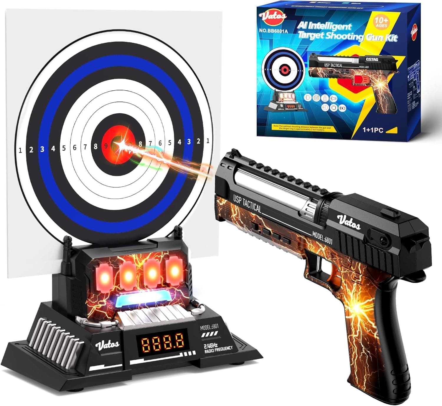 VATOS Smart Electronic Shooting Game Set with Auto-Scoring Target Base and Rechargeable Laser Tag Gun, Real-Time Voice Feedback, 4 Shooting Modes, Indoor Outdoor Toys for Teens Adults Family Party