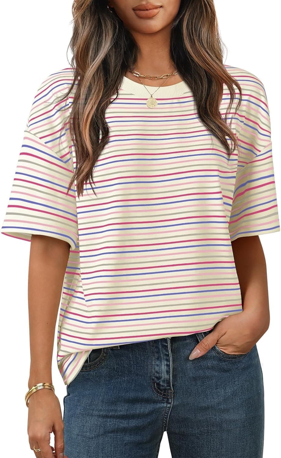 Cuptacc Tshirt Damen Rundhals Oversize Tunika Kurzarm Oberteile Damen Sommer Locker T Shirt Bunt Gestreiftes Elegant Top
