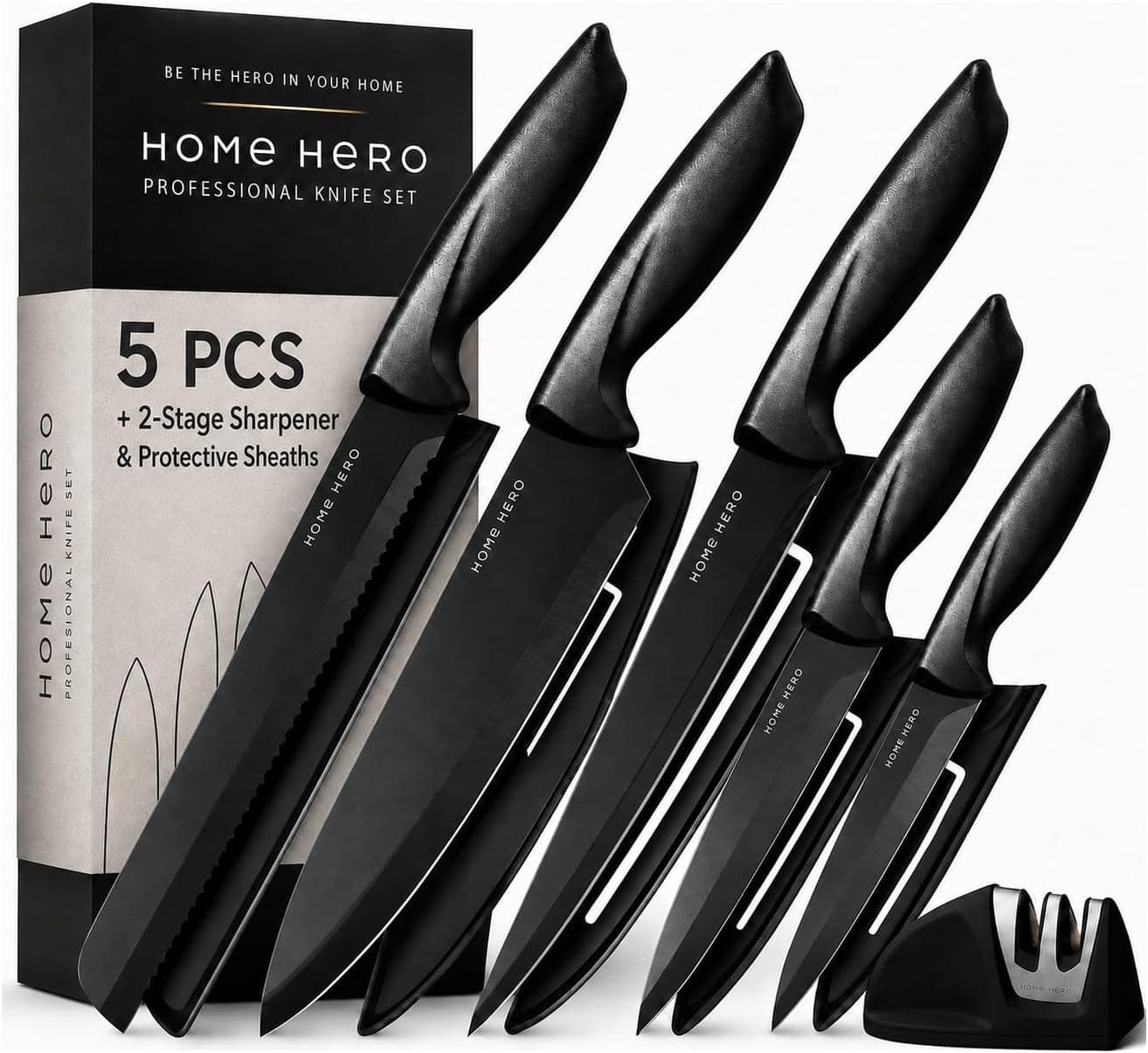 Home Hero Kitchen Knife Set, 5-Piece Black Stainless Steel Knife Set with Protective Sheaths & 2-Stage Sharpener, Chef, Bread, Carving, Utility & Paring Knives