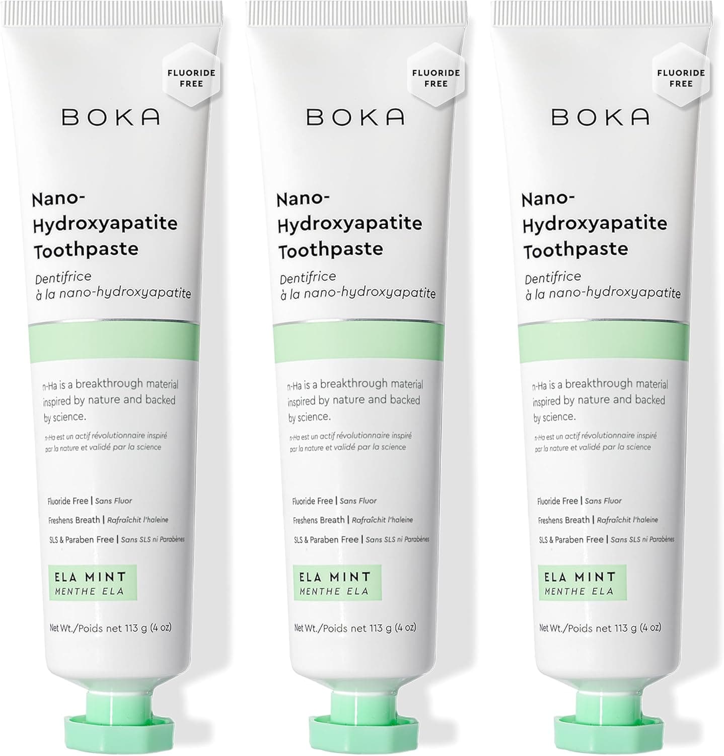 Boka Fluoride Free Toothpaste, Nano Hydroxyapatite Toothpaste, Appropriate for Sensitive Teeth - for Adult Oral Care - Ela Mint Flavor, 4 Fl Oz 3Pk