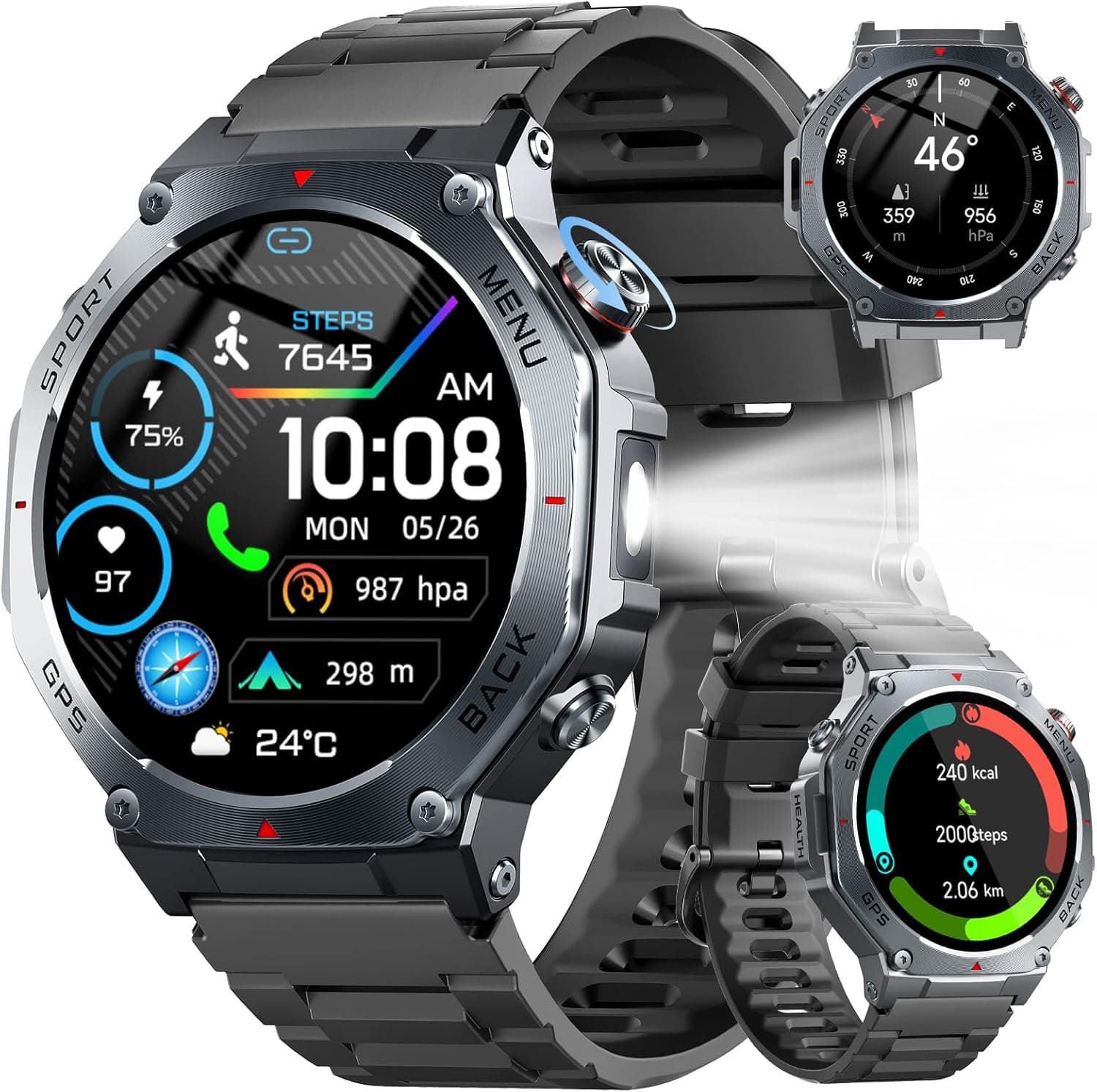Smart Watch for Men Answer/Make Calls, 1.43" AMOLED Military Smart Watch with GPS/Torch/Compass/Altitude/Heart Rate/Health Monitor/Blood Oxygen, 5ATM Waterproof, 160+ Sports Smartwatch for iOS Android