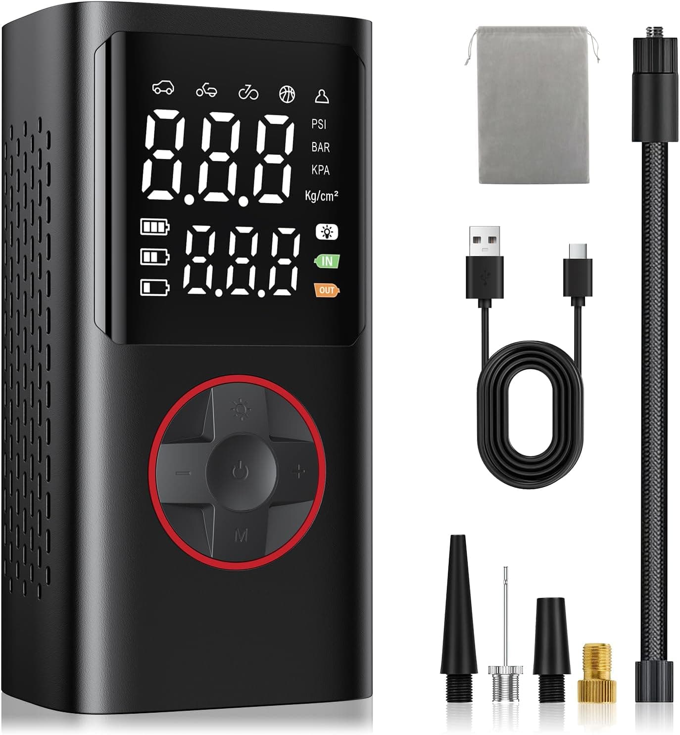 Onherm Compressore Aria Portatile, Pompa Bicicletta Elettrica 10.3 Bar/150PSI con Tutte Le Valvole, 5 Modalità, Mini Compressore Portatile con Luce LED per Auto, Bici, Moto, Scooter, Pallone