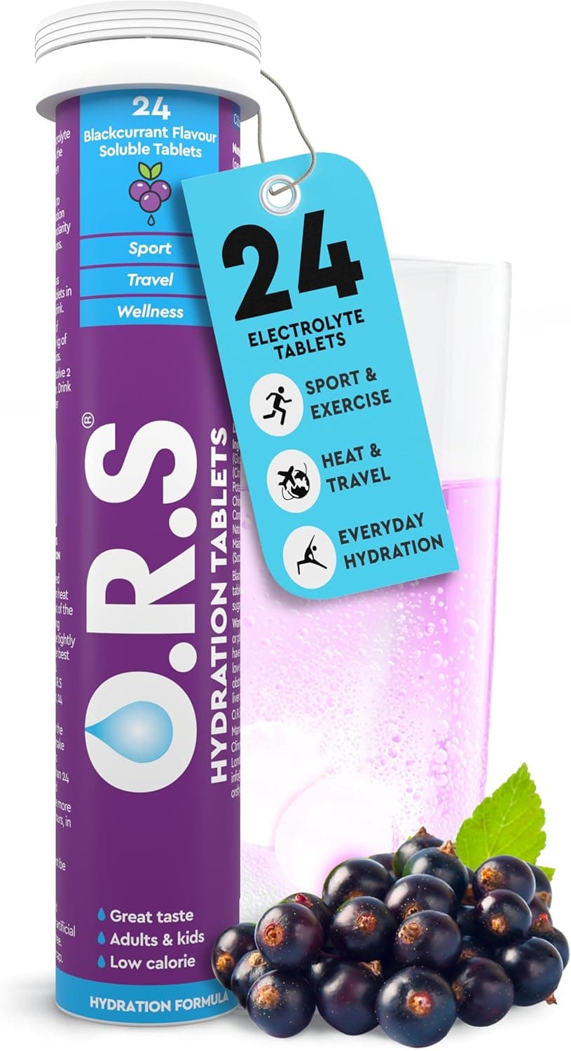 O.R.S Electrolytes Tablets for Reducing Dehydration | Oral Hydration Salts Tablet for Travel, Sports, Fasting & Recovery | Vegan, Gluten-Free & Low-Calorie Electrolyte Replacement Drink, Blackcurrant