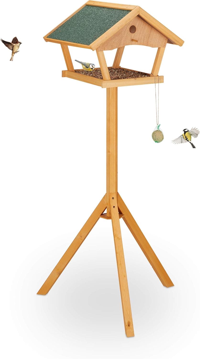 Relaxdays Mangiatoia per Uccelli con Supporto, Casetta con Tetto Resistente alle Intemperie, Casa Legno, Naturale/Verde