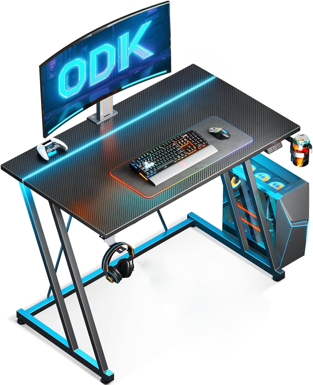 ODK Gaming Desk with LED Lights, Gaming Table with Cup Holder and Headphone Hook, Double Z Frame Design Computer Desk Carbon Fiber Black 80 cm