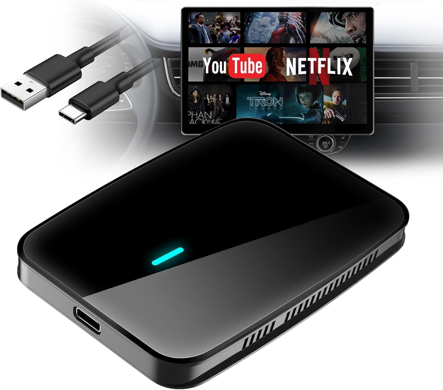CarPlay Wireless Adapter Android Auto, AI Box CarPlay für Kabel-CP/AA, 2G+16G, Dual WLAN & Bluetooth IoT Hub, BLE, für Netflix/YouTube/TF-Karte, DriveChat AI Voice, CB4A