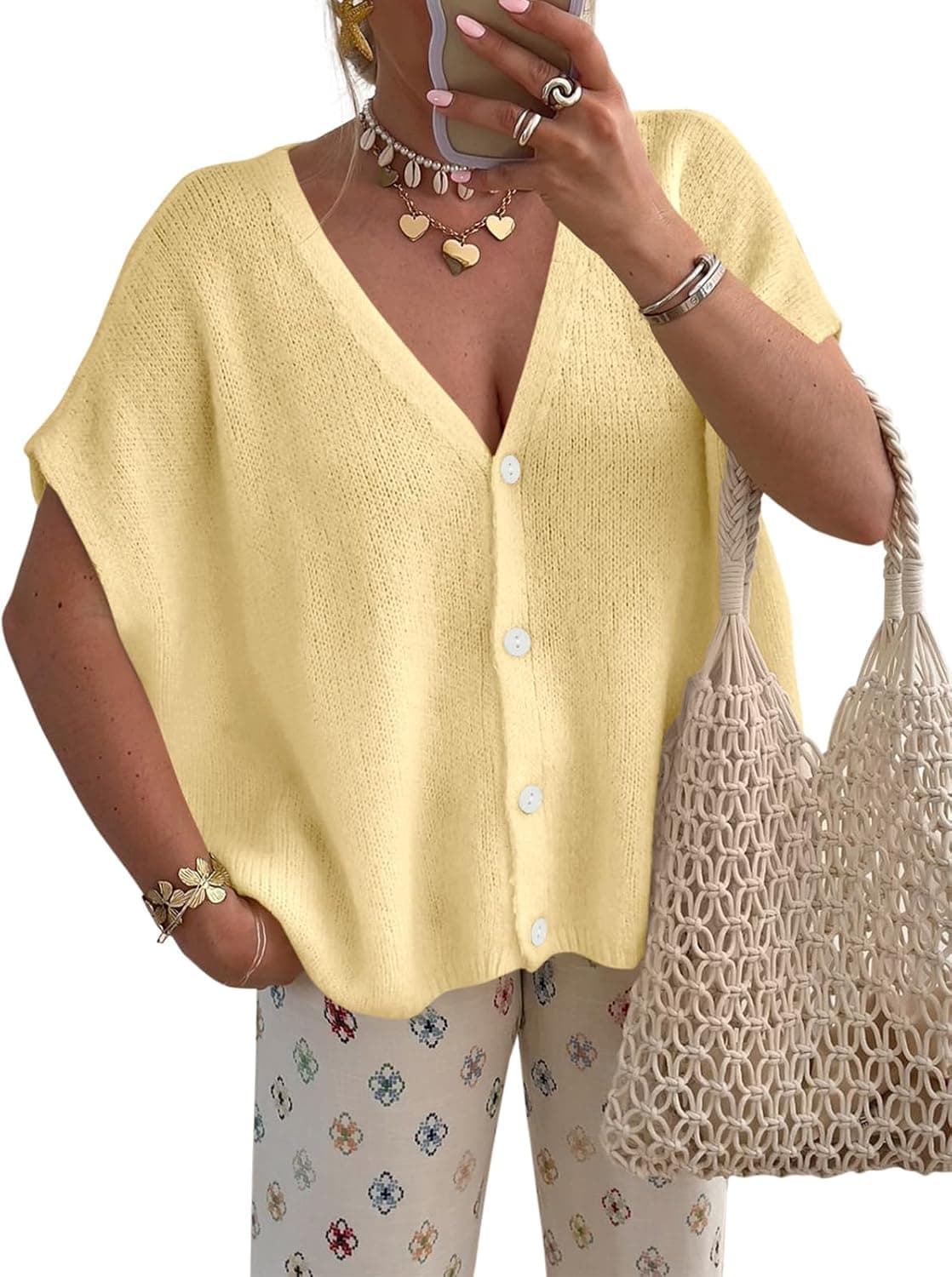 PRETTYGARDEN Womens 2026 Summer Oversized Cardigans Batwing Short Sleeve Lightweight Button V Neck Casual Knit Sweater Tops