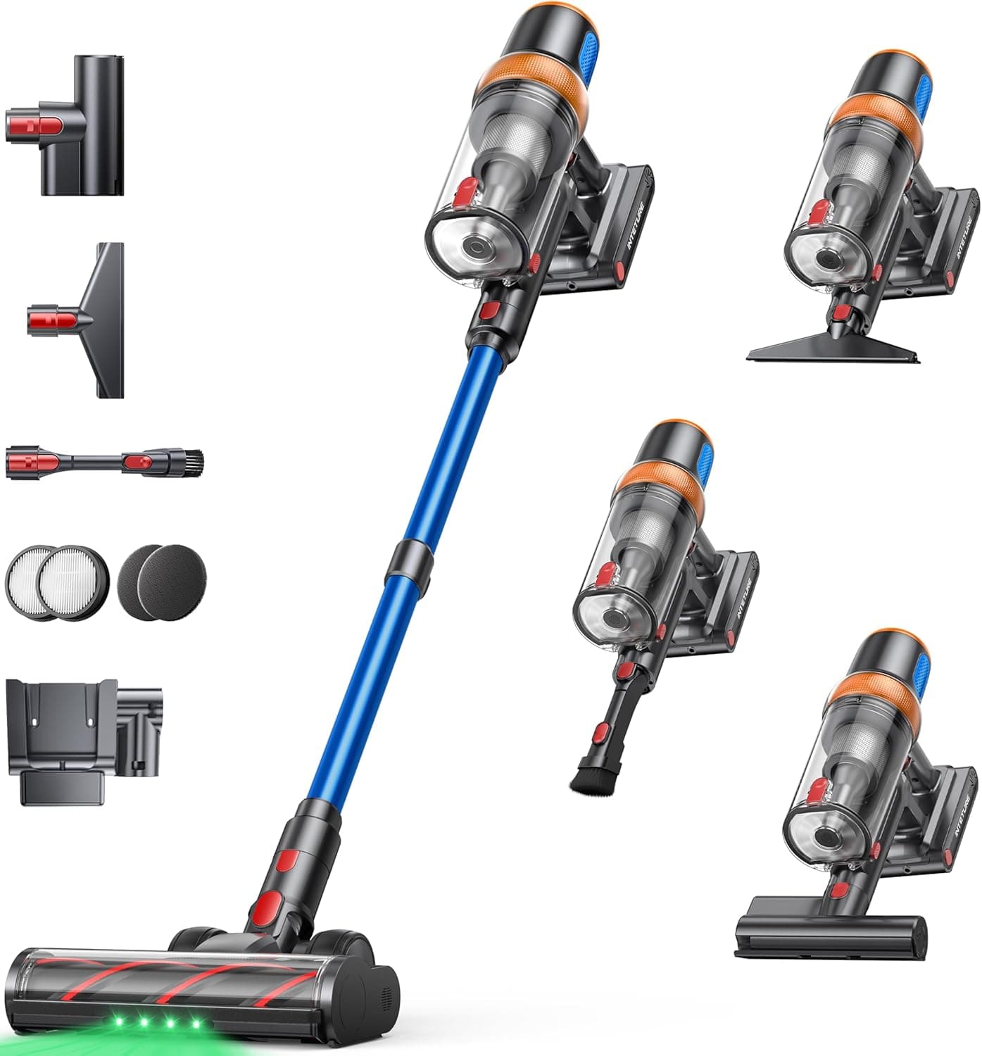 Akku Staubsauger 600W/50KPA/65Min,Selbststehender Staubsauger Kabellos mit Matratzenreinigungsbürste,Automatikmodus,Wandladestation,Duftfunktion,Mehrstufige Filtration für Teppiche/Hartböden/Auto