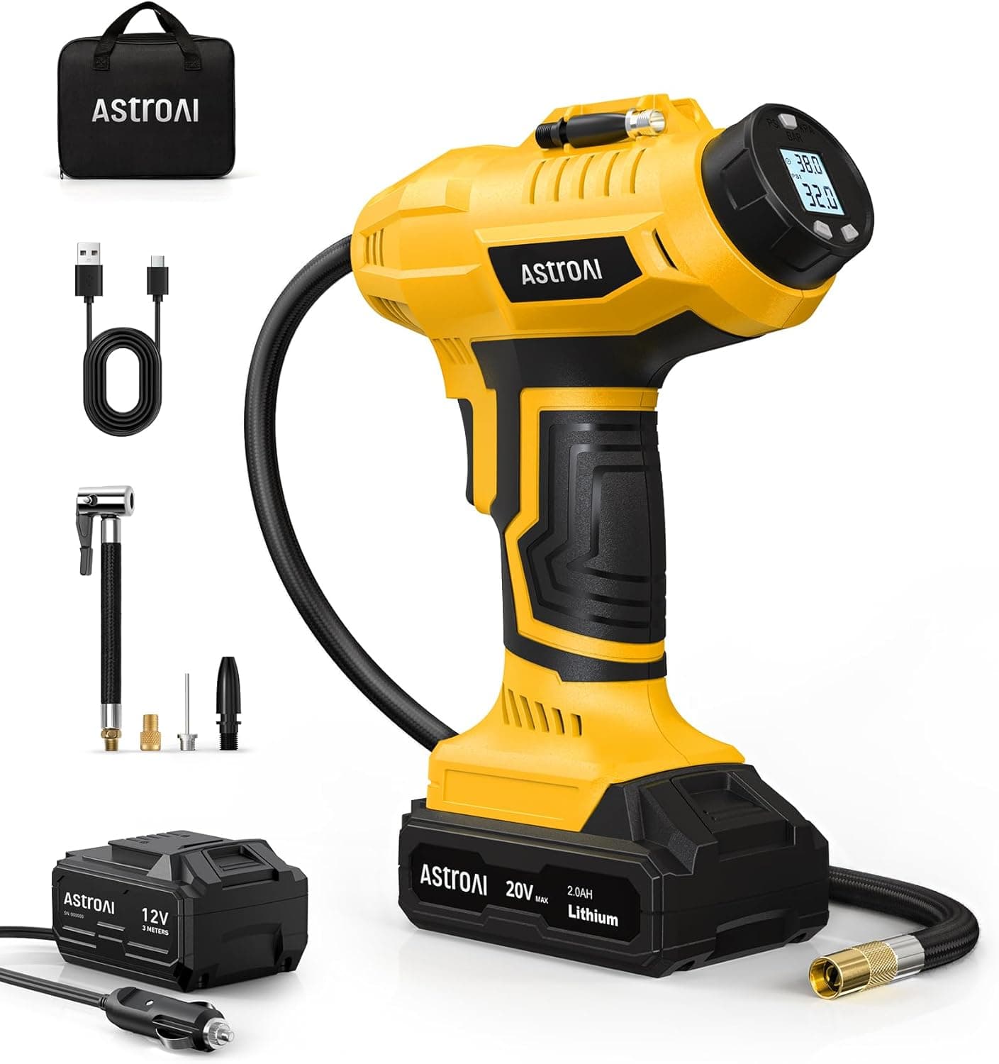 AstroAI Cordless Tyre Inflator Air Compressor, 12V DC and 20V Rechargeable Battery Dual Power 160PSI Portable Handheld Car Tyre Pump with Digital Pressure Gauge for Car Motorcycle Bicycle Ball