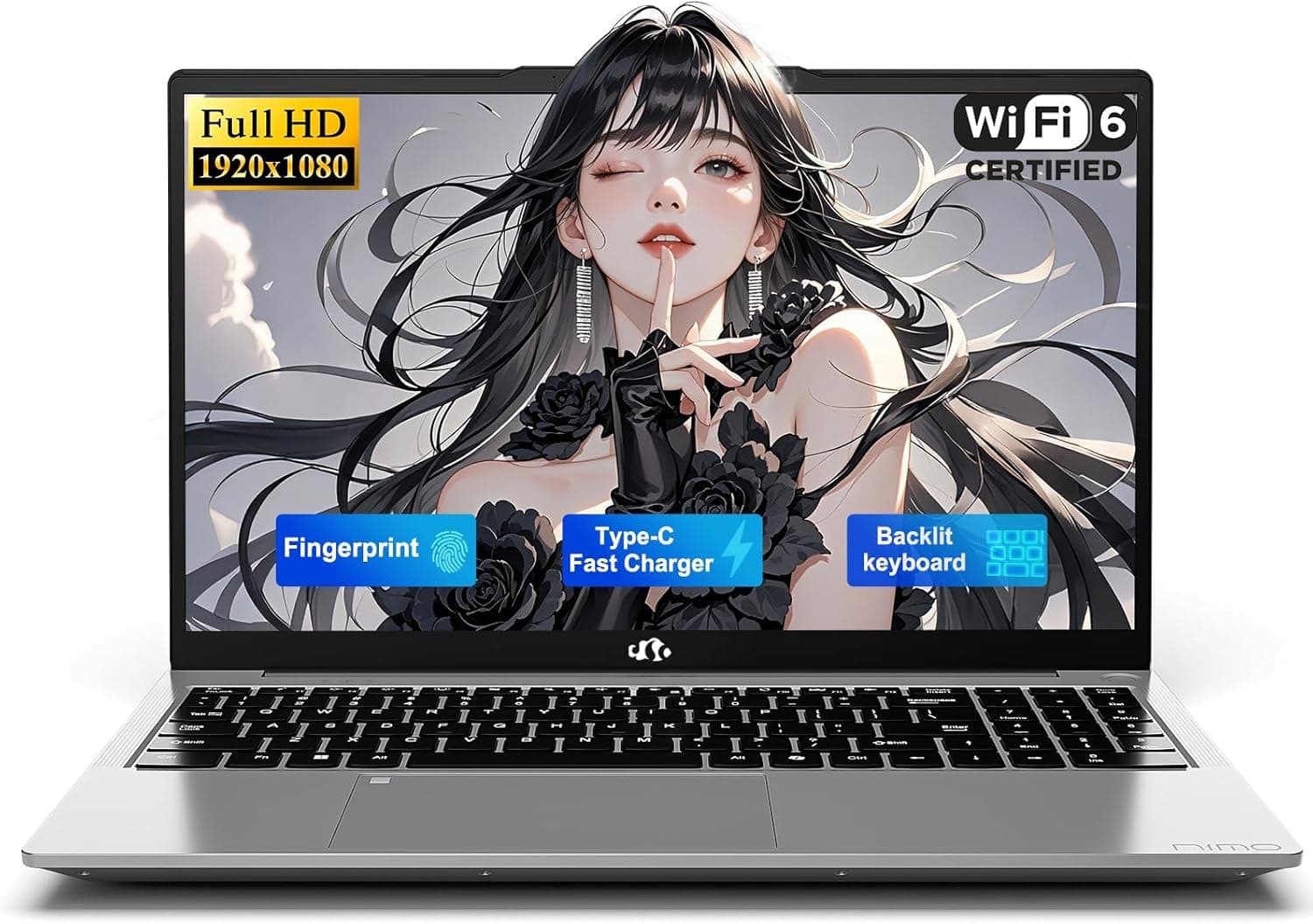 NIMO 15.6" FHD Student Laptop, Quad-Core(Beats i3, up to 3.6GHz), 8GB RAM 256GB SSD, Computer with 65W PD Fast Charging, Backlit Keyboard, Fingerprint, Wi-Fi 6, for College Study and Business Home