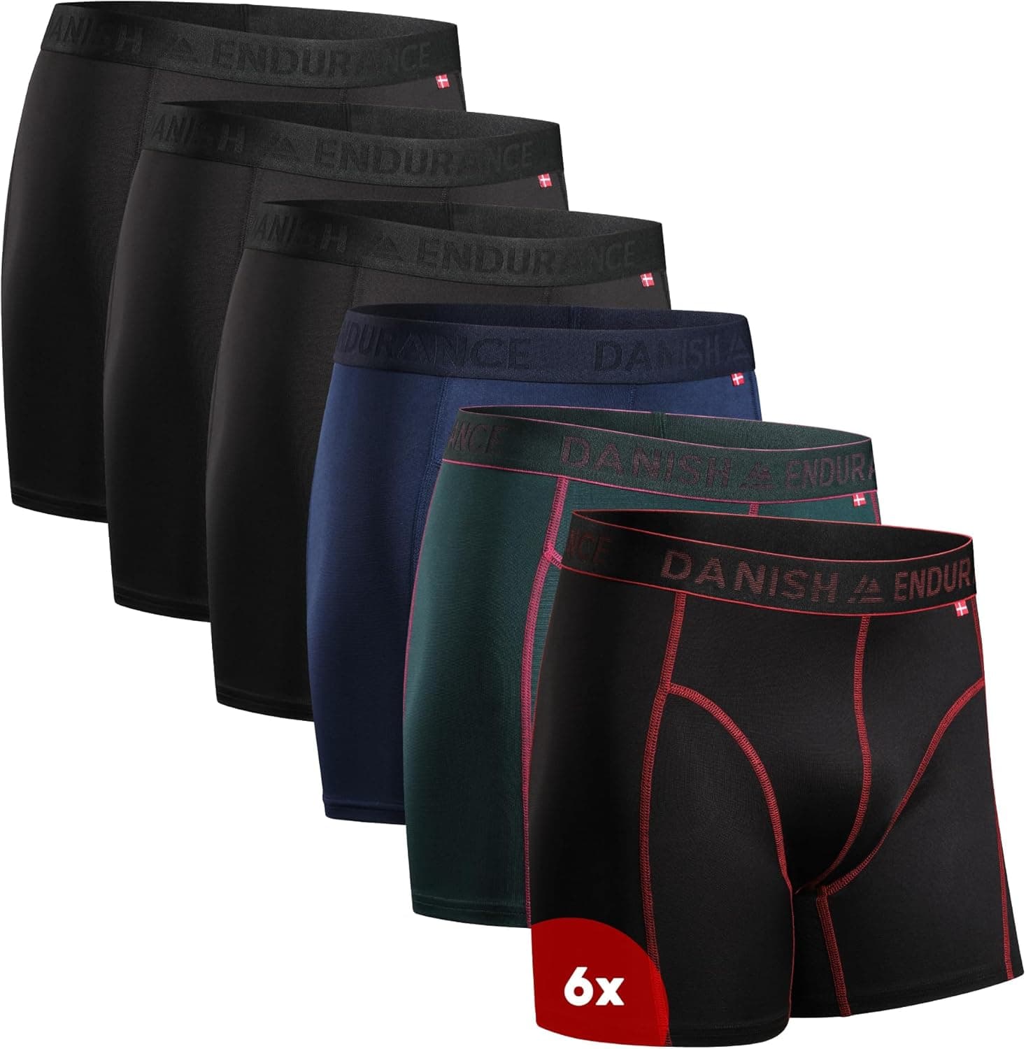 DANISH ENDURANCE Mens Boxers, Anti Chafing Underwear, Long Leg or Regular, Sports Underwear Men, Moisture Wicking, Breathable Running Boxers, 6 Pack