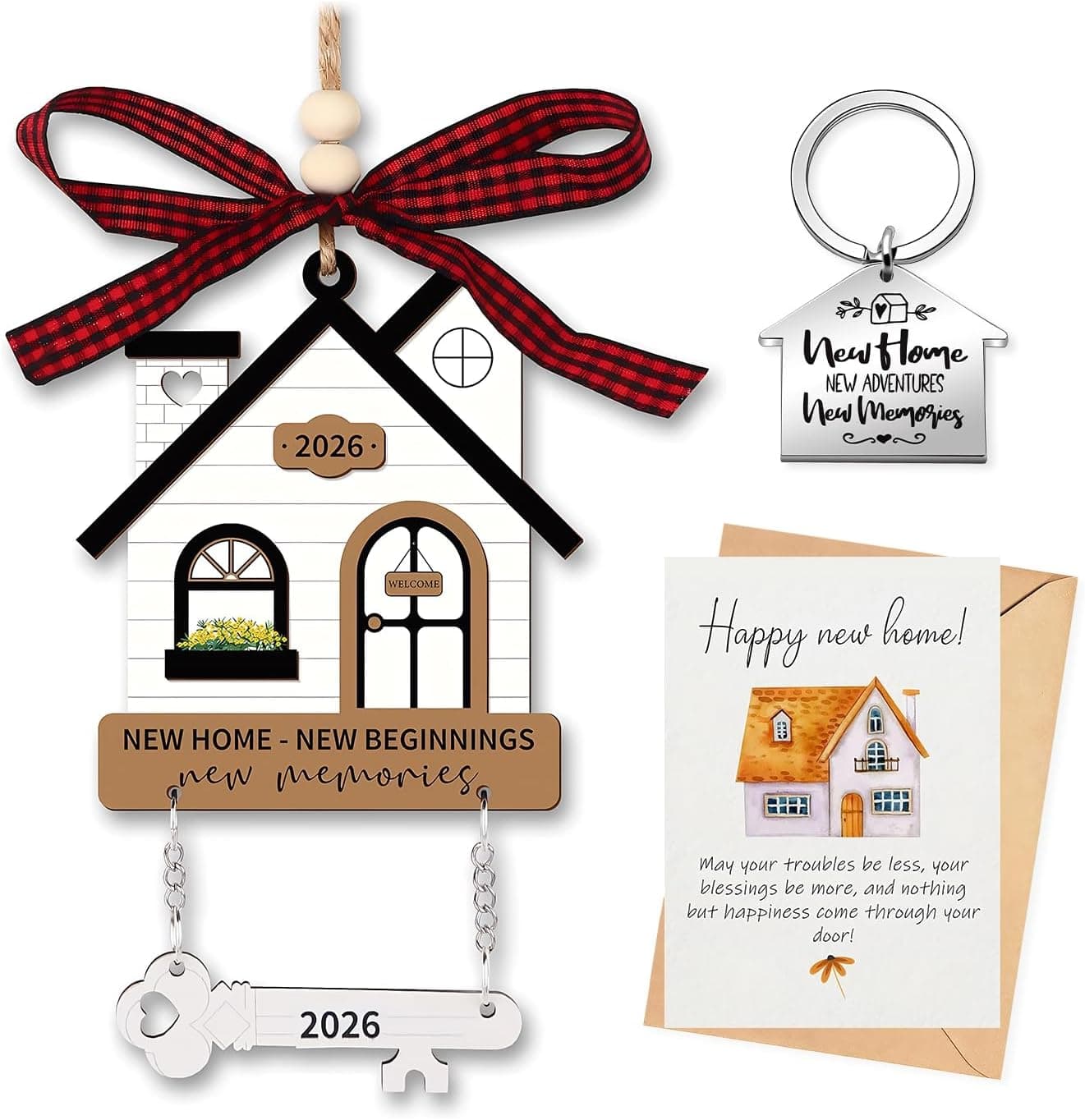 3Pcs Charming New Home Gifts Set, House Warming Gifts New Home with Wooden House Ornament, Keyring and Greeting Card for Celebration