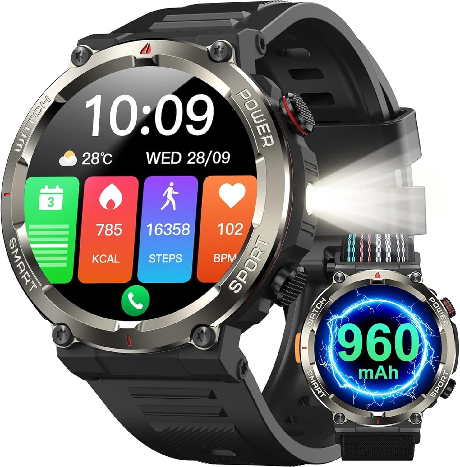 Military Smart Watch for Men Answer/Make Call,1.45" HD Fitness Watch with Flashlight,Compass,Heart Rate SpO2 Sleep, Smartwatch for iOS Android,120+ Sports,960mAh Battery,IP68 Waterproof Step Counter