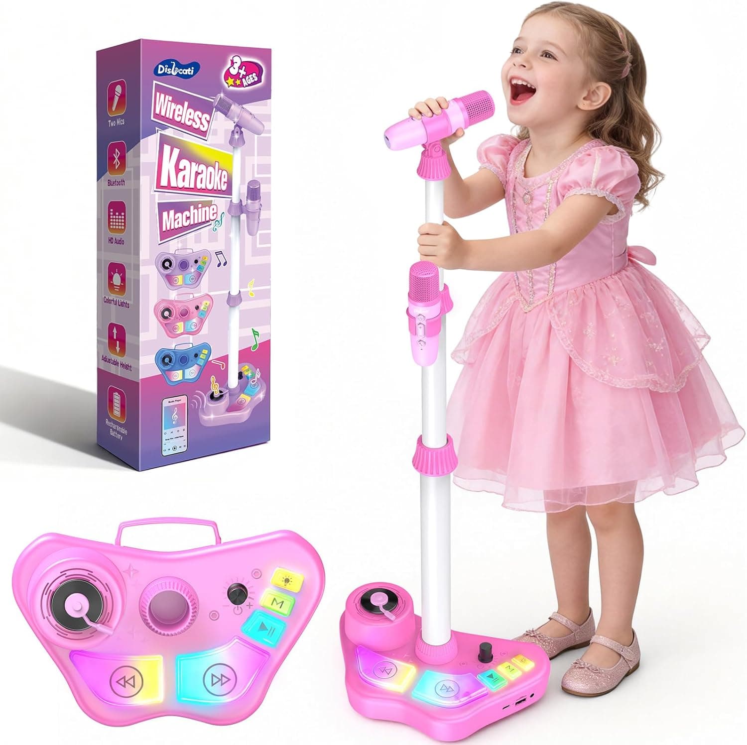 Karaoke Maschine und 2 Mikrofon Kinder mit Verstellbarer Ständer, Geschenk Spielzeug für Mädchen 3-12 Jahre Karaoke Microphone Set mit Bluetooth-/TF-Karten-/USB-/AUX-Unterstützung Oster Geschenke