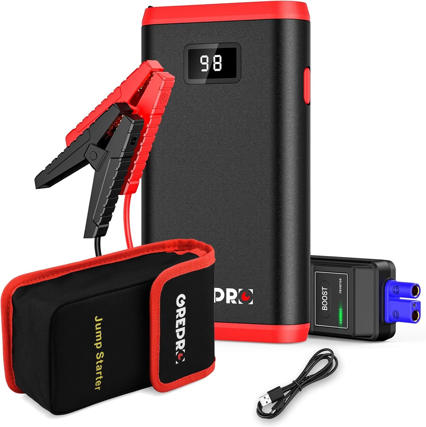 GREPRO 4000A Jump Starter Power Pack, Emergency Roadside Car Battery Booster Jump Starter for 12V Vehicles, Motorcycle (up to 7.0L Gas, 5.0L Diesel) with LCD Display, LED Flashlight and Carry Bag