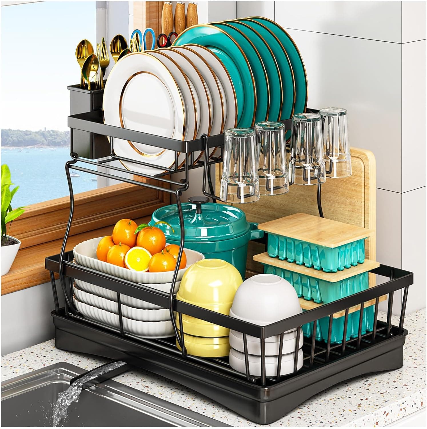 2 Tier Dish Drainer Rack for Kitchen Counter - Space-Saving Dish Rack with Utensil Holder, Large Capacity Dish Drying Rack with Draining Board, Black