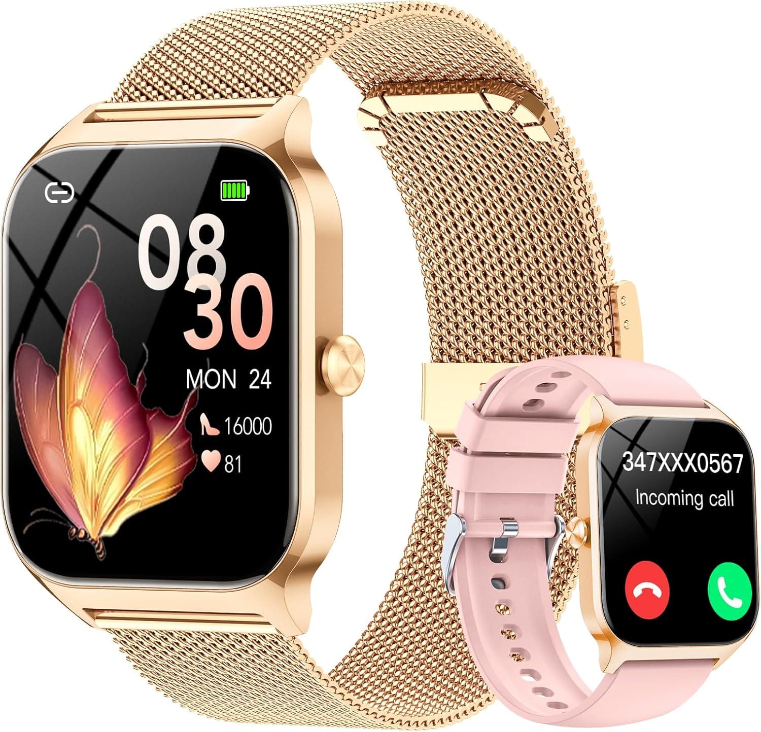 CASCHO Smartwatch Mujer Elegante 1.85" HD con Llamadas Bluetooth y Asistente IA, Reloj Inteligente Mujer con 2 Correas, Sueño, Frecuencia Cardíaca y Oxígeno en Sangre, Android iPhone(Oro Rosa)