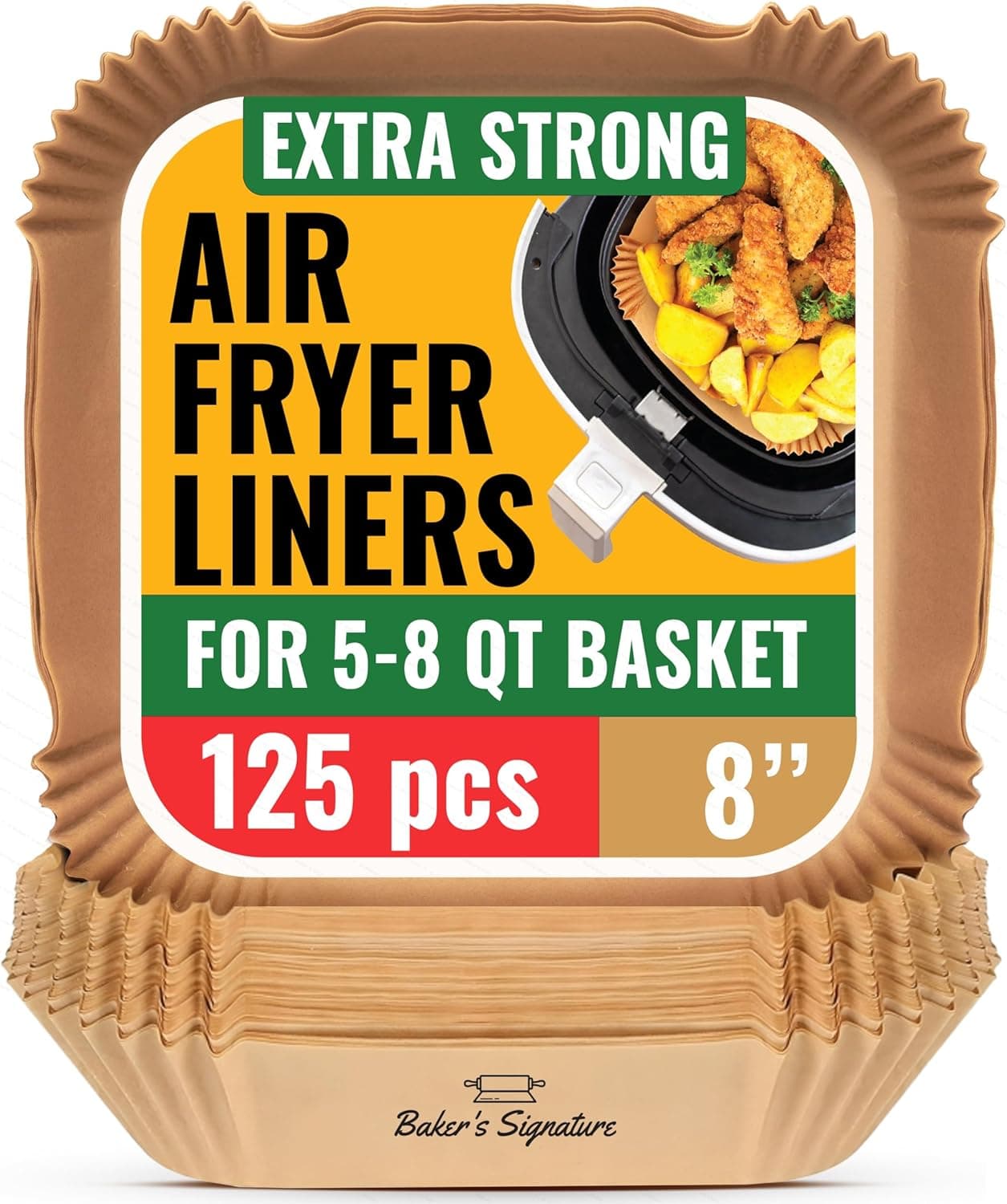 Air Fryer Paper Liners, 125Pcs Air Fryer Disposable Liners, Non-Stick and Oil Proof for Easy Cleanup, 8” Square for 5-8 qt Basket by Baker's Signature