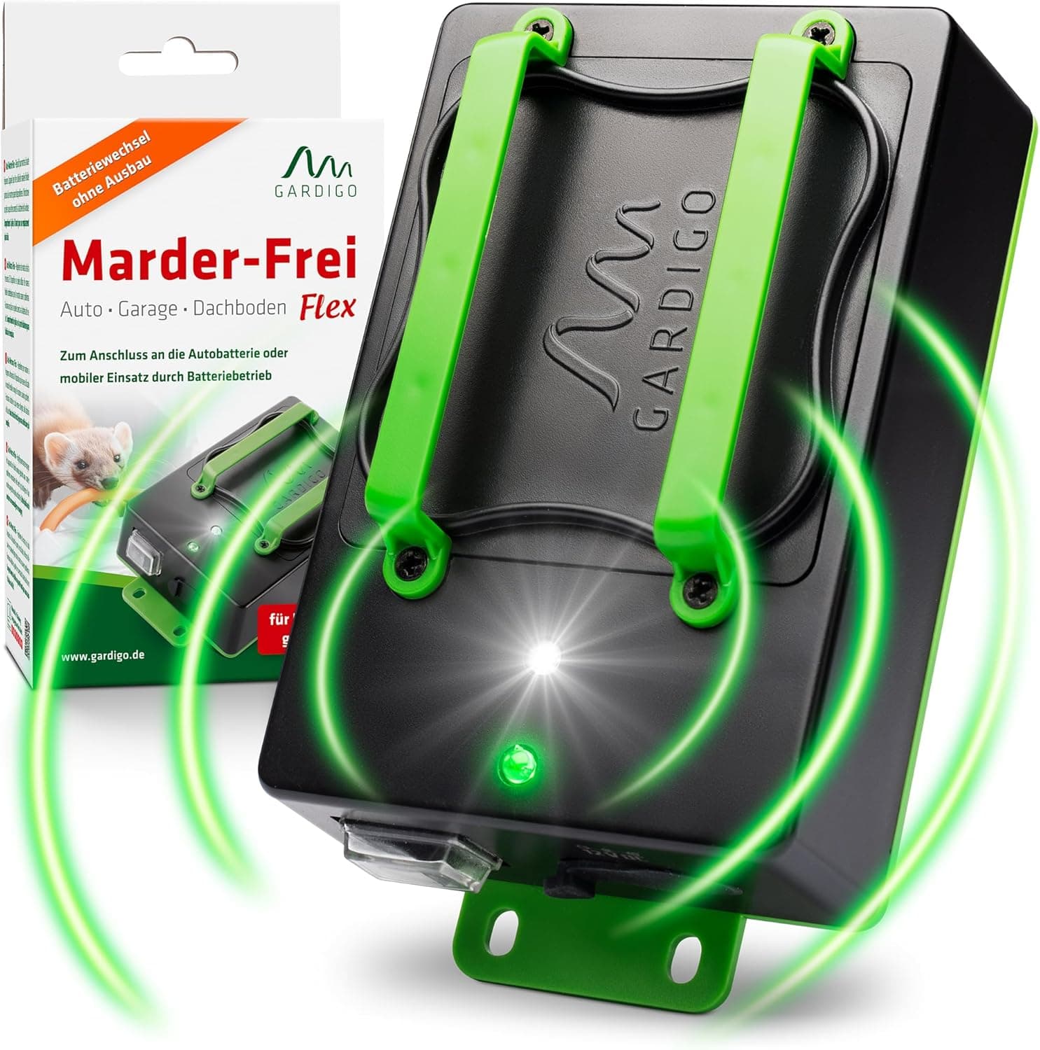 Gardigo® Marderschreck Auto Batteriebetrieben | Marderschutz für KFZ und Haus | Batterietausch ohne Ausbau | 12-24 kHz | Ultraschall Marderabwehr für Motorraum, Dachboden, Haus | Marder vertreiben