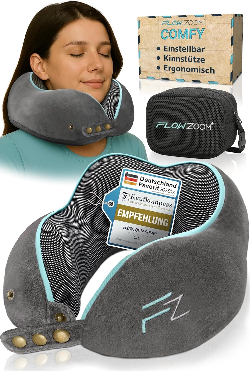 FLOWZOOM Comfy Nackenkissen Flugzeug & Auto - Einstellbares Memory Foam Reisekissen mit flexiblen Druckknöpfen für 360° Stütze, atmungsaktiver weicher Bezug - inkl. Transportbeutel - Grau