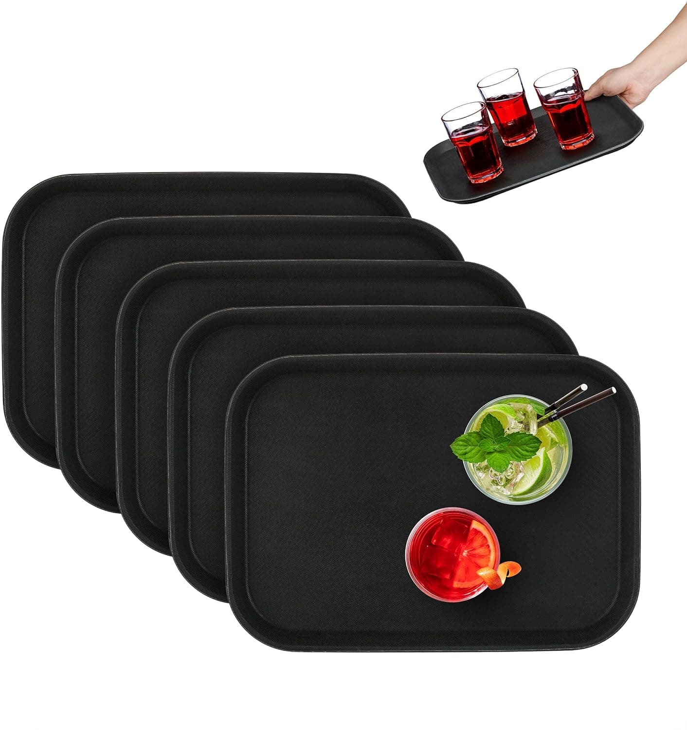 Relaxdays Vassoio Antiscivolo, Set da 5, 35 x 25 cm, da Portata, per Servizio Ristorante, Bar, Cucina e Casa, Nero