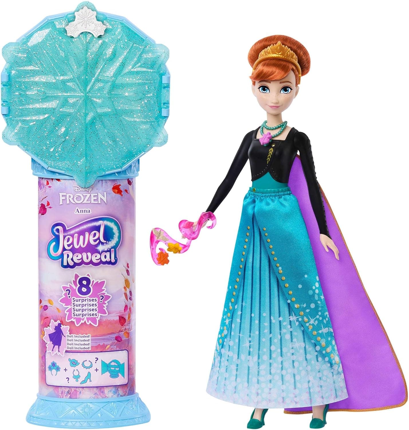 Mattel Disney Frozen Anna Fashion Doll & Accessories with 8 Surprises, Including Snowflake Gem Box, Ring for Child & 9 Play Pieces, Inspired by Movie, JJY37