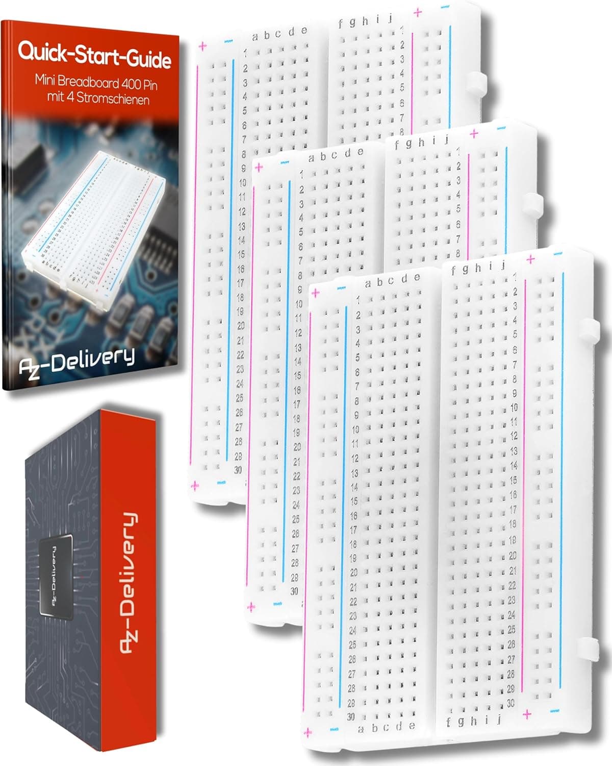 AZDelivery 3X MB-102 Mini Breadboard 400 Pin con 4 Barras de alimentación compatibles con Arduino con E-Book Incluido!