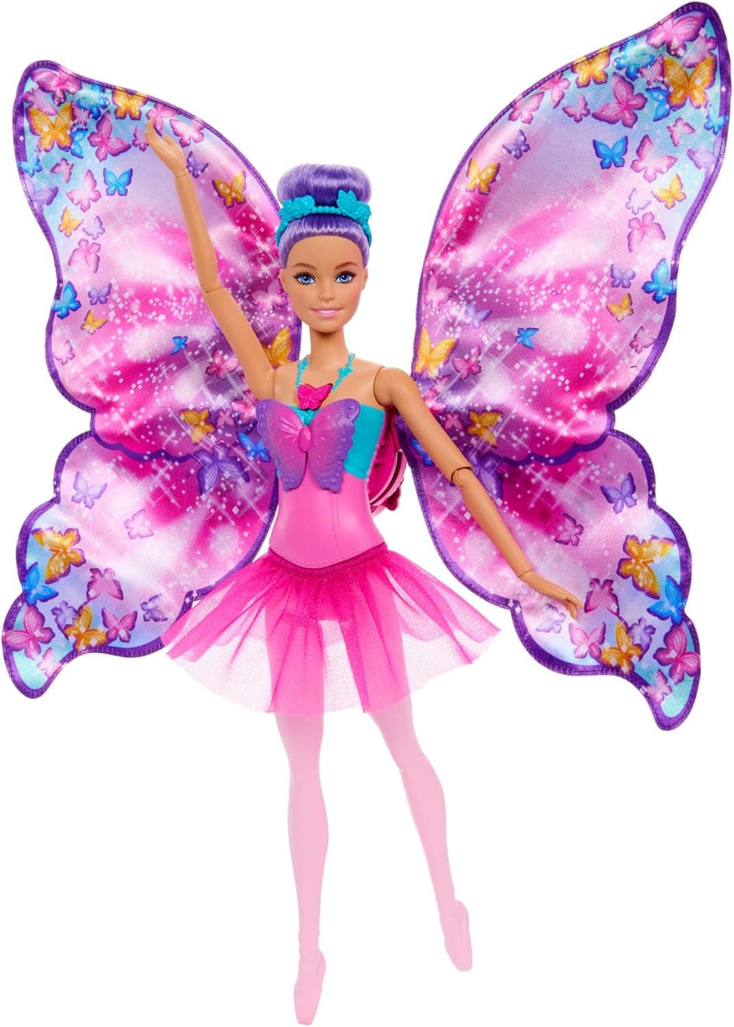 Barbie Tanz und Flatter Puppe mit 2-in-1-Verwandlung von der Tänzerin zum Schmetterling mit sich öffnenden Flügeln, violetten Haaren, Haarschmuck und abnehmbarem Tutu, HXJ10