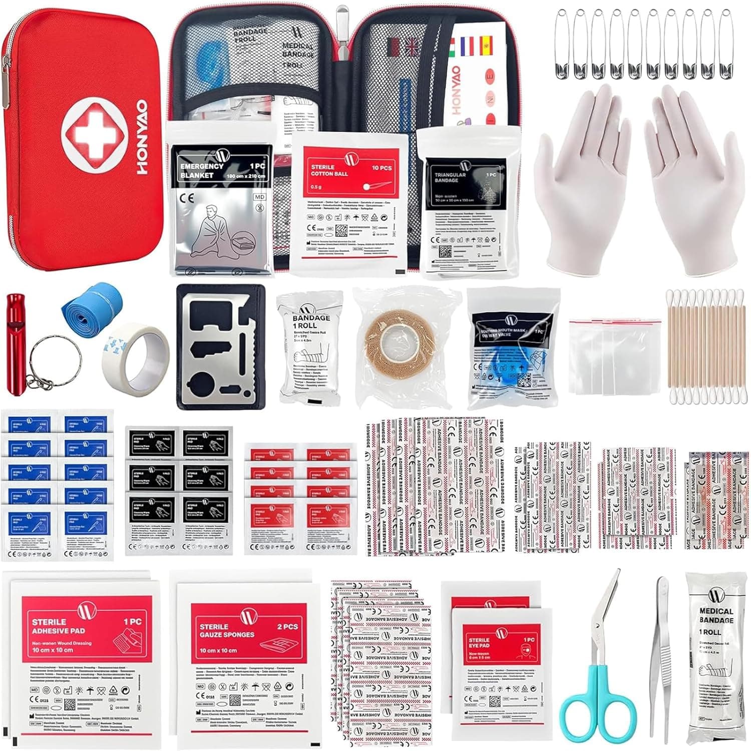 HONYAO Botiquín de Primeros Auxilios de 200 piezas, Mini Kit de Supervivencia Bolsa Médico de Emergencia Completo para Hogar Coche Barco Lugar Trabajo Mochila y Acampar Senderismo Viaje