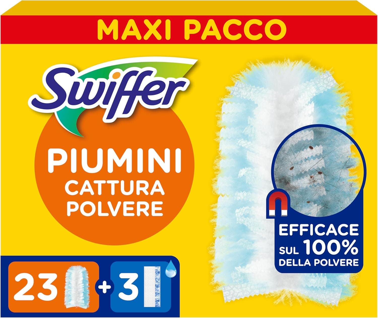 Swiffer Duster Piumini Cattura Polvere, 23 Piumini e 3 Panni Lavapavimenti, Cattura e Intrappola Polvere e Sporco, Raggiunge I Punti più Difficili della Casa, Maxi Formato