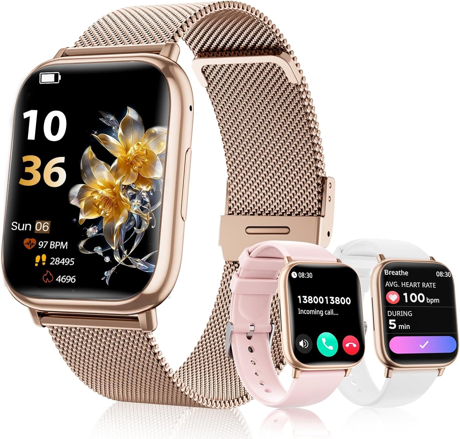 SLOKSFil Smartwatch Donna con Chiamate Bluetooth, 1.83" Fitness Orologio Smartwatch 3 Cinturini Frequenza Cardiaca SpO2 Pressione Sanguigna IP68 Impermeabile Sonno 120+ Modalità Sportive (Oro Rosa)