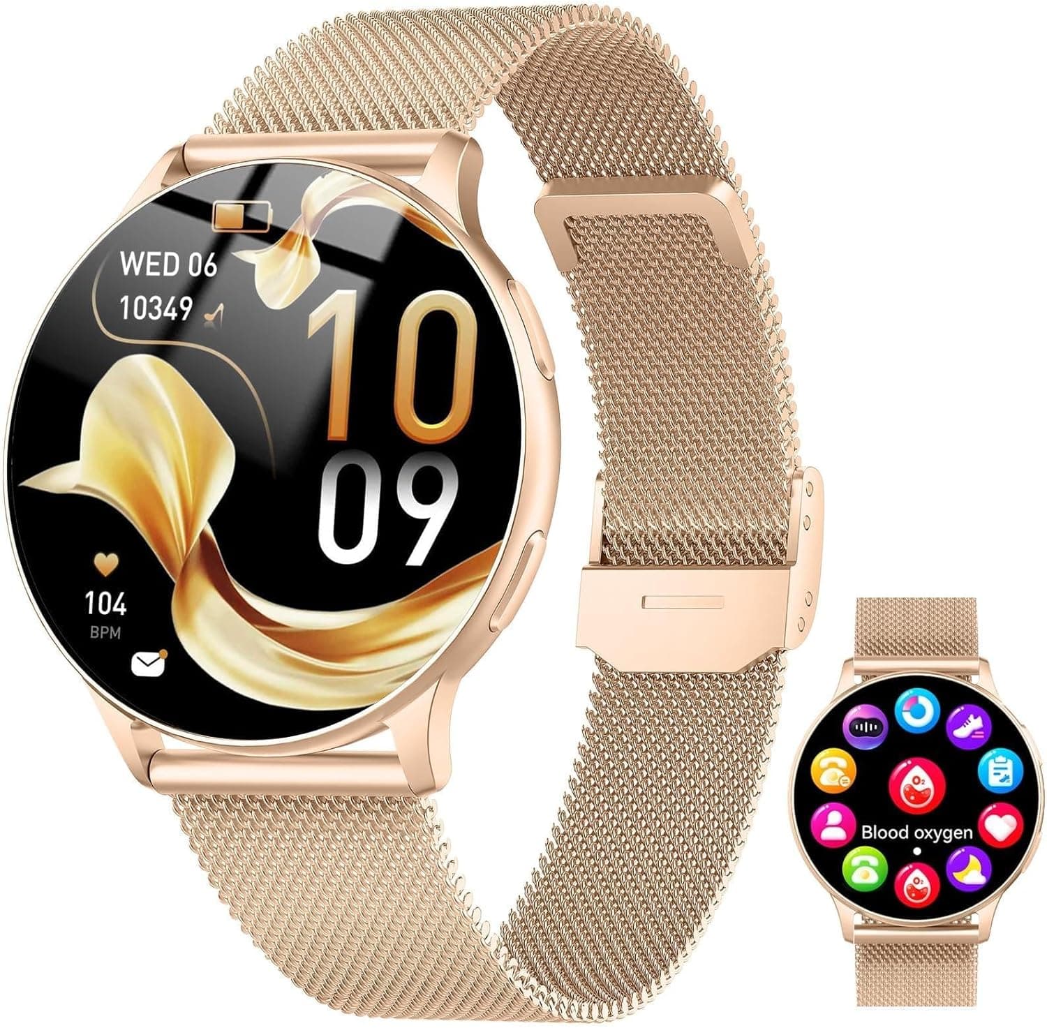Smartwatch Damen, 1.32" AMOLED Smart Watch Telefonfunktion, Herzfrequenz Schlafmonitor SpO2 Schrittzähler Uhr Damen, 120+Sportmodi Fitnessuhr, IP68 Wasserdicht Fitness Tracker für iOS Android Roségold