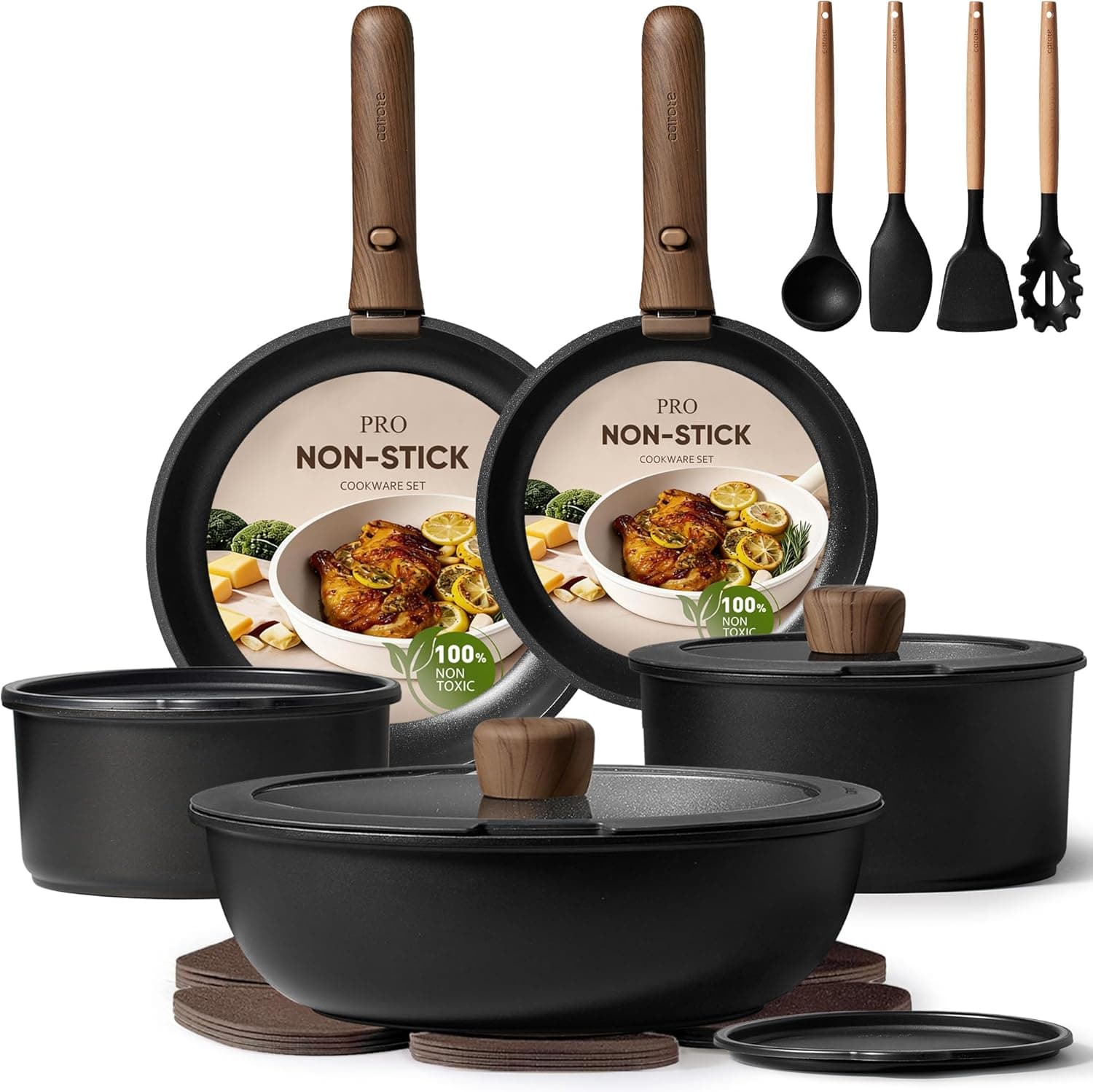 CAROTE 19pcs Pots and Pans Non Stick, Cookware Sets Detachable Handle, Induction Kitchen Pots and Pans,NonStick Cooking Set, Oven/Dishwasher/Fridge Safe, Space Saving