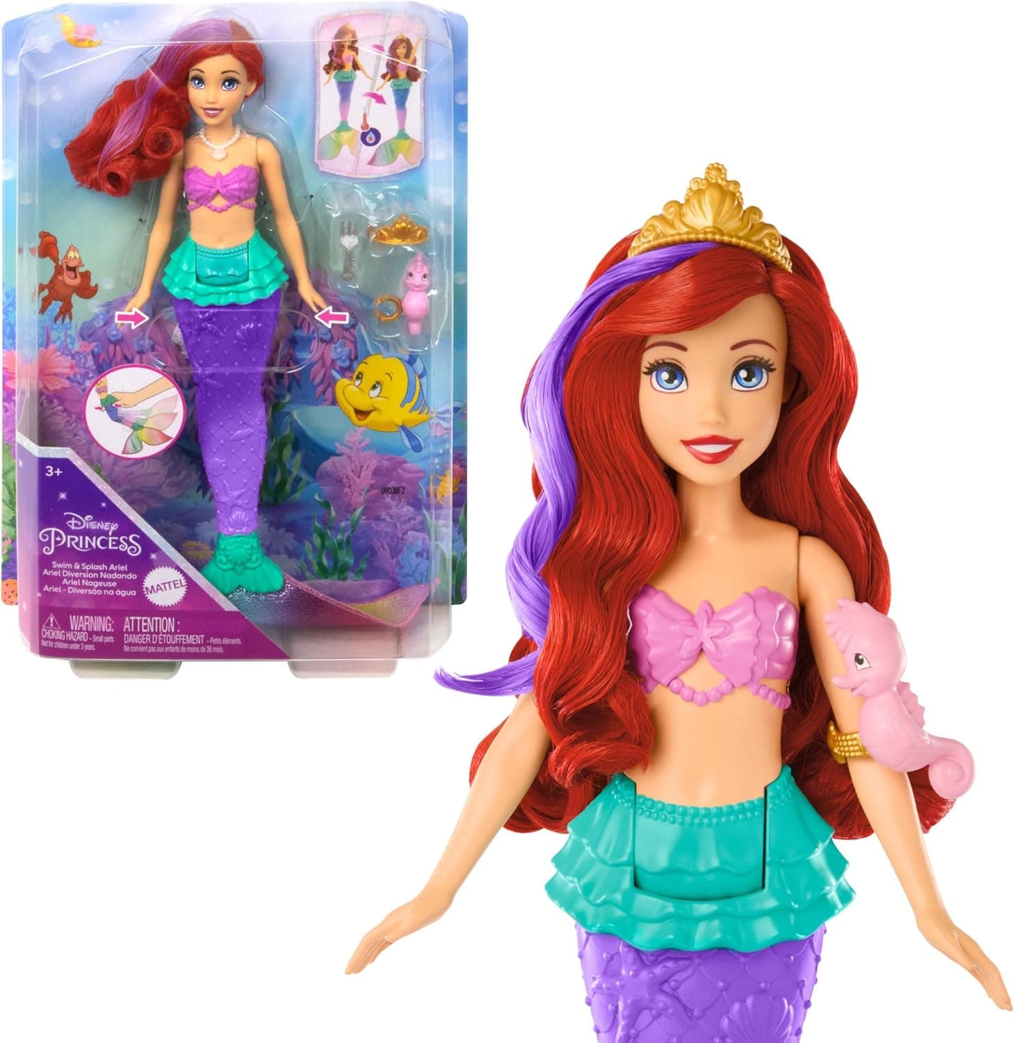Mattel Disney Princess Juguetes, Muñeca de Ariel Sirena Nadadora con Cola y Pelo que cambia de color, juguete inspirado en la película de Disney, juguete +3 años, HPD43