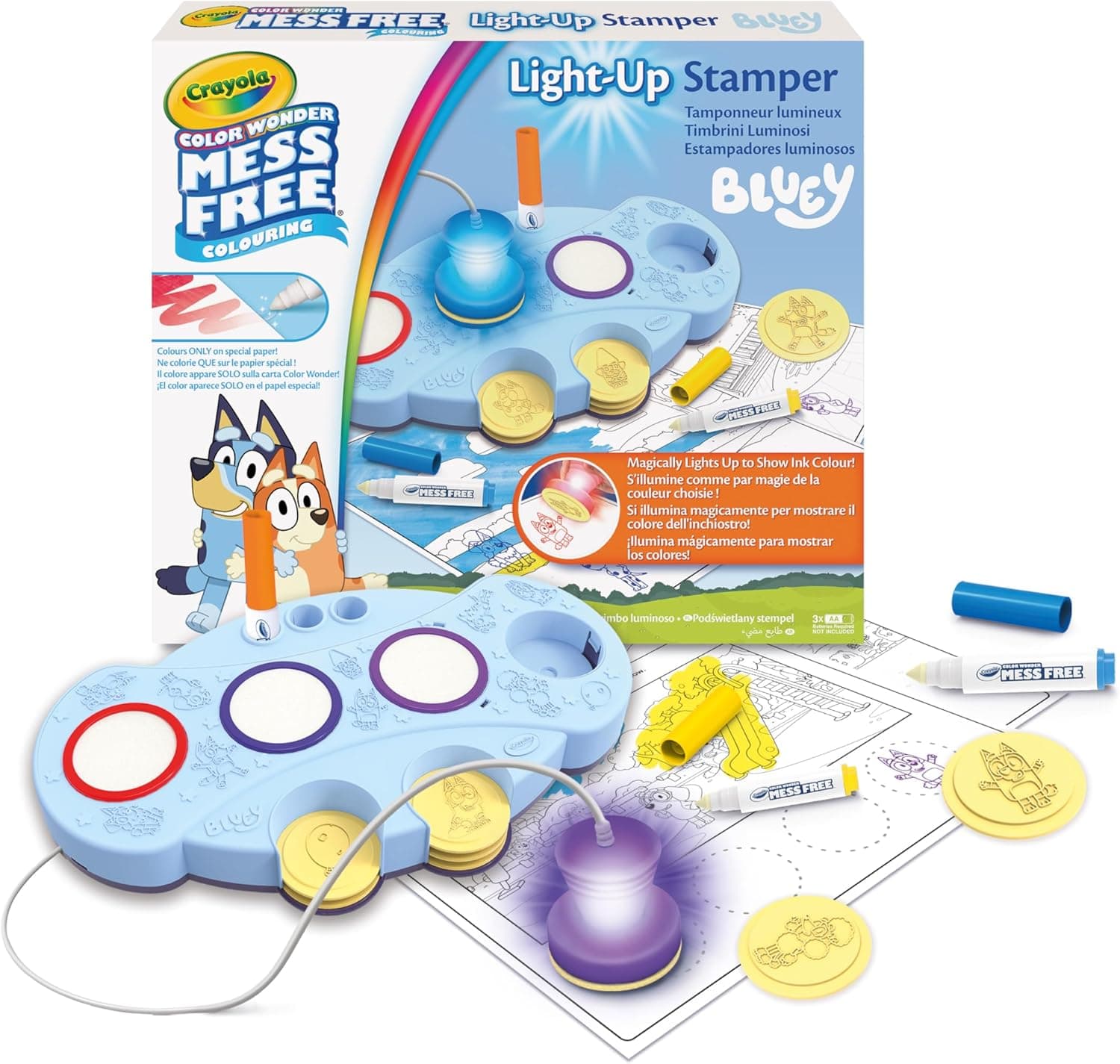 CRAYOLA Bluey Color Wonder Magic Light-Up Stamper | Includes 10 Bluey Stamps, 3 Markers, Stickers & 18 Colouring Pages | Magic Colouring Fun for Kids Ages 3+