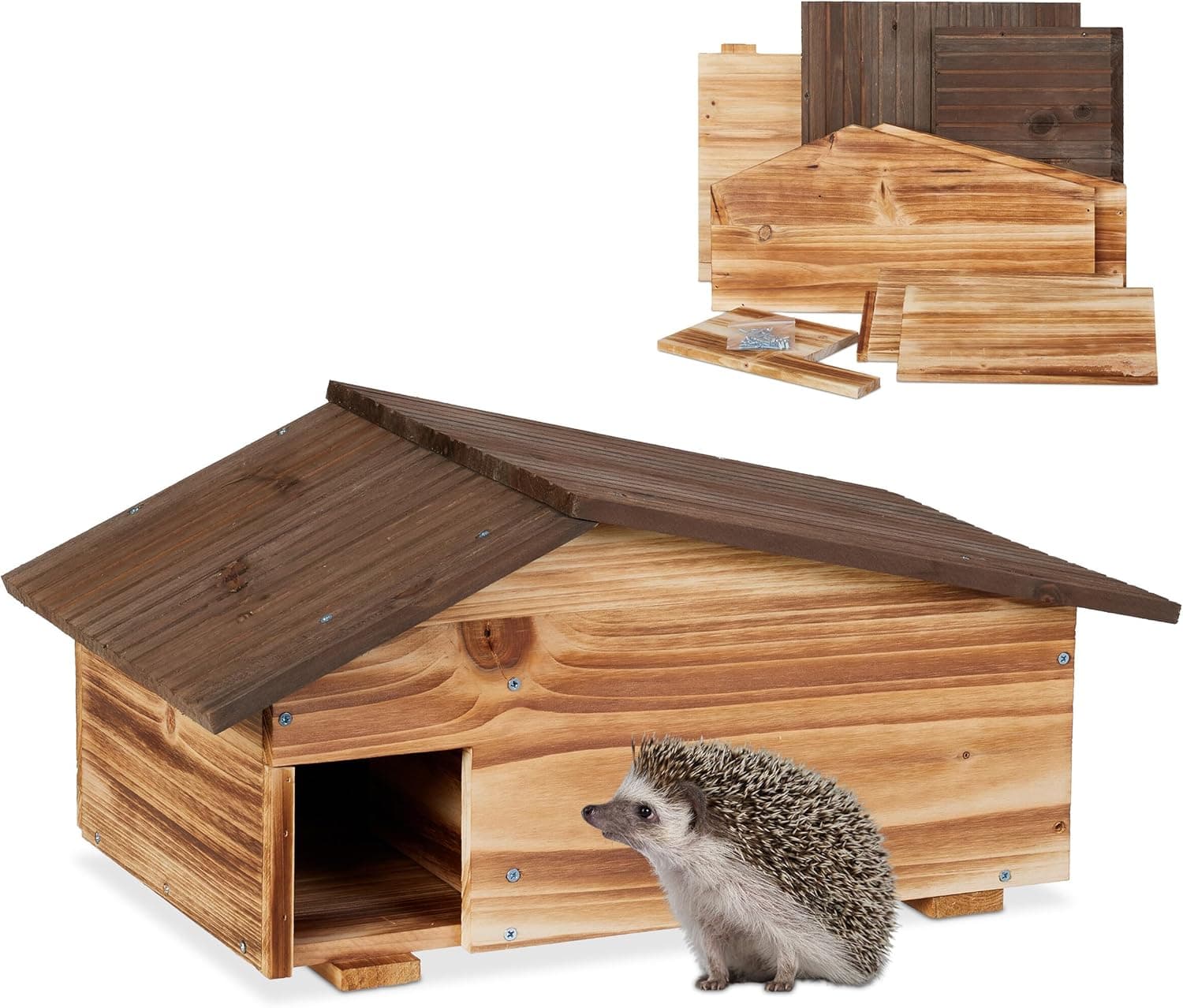 Relaxdays Casetta per Ricci, Rifugio da Giardino, 2 Camere, HLP: 24x46x33,5 cm, Tana Contro Predatori, Legno Fiammato