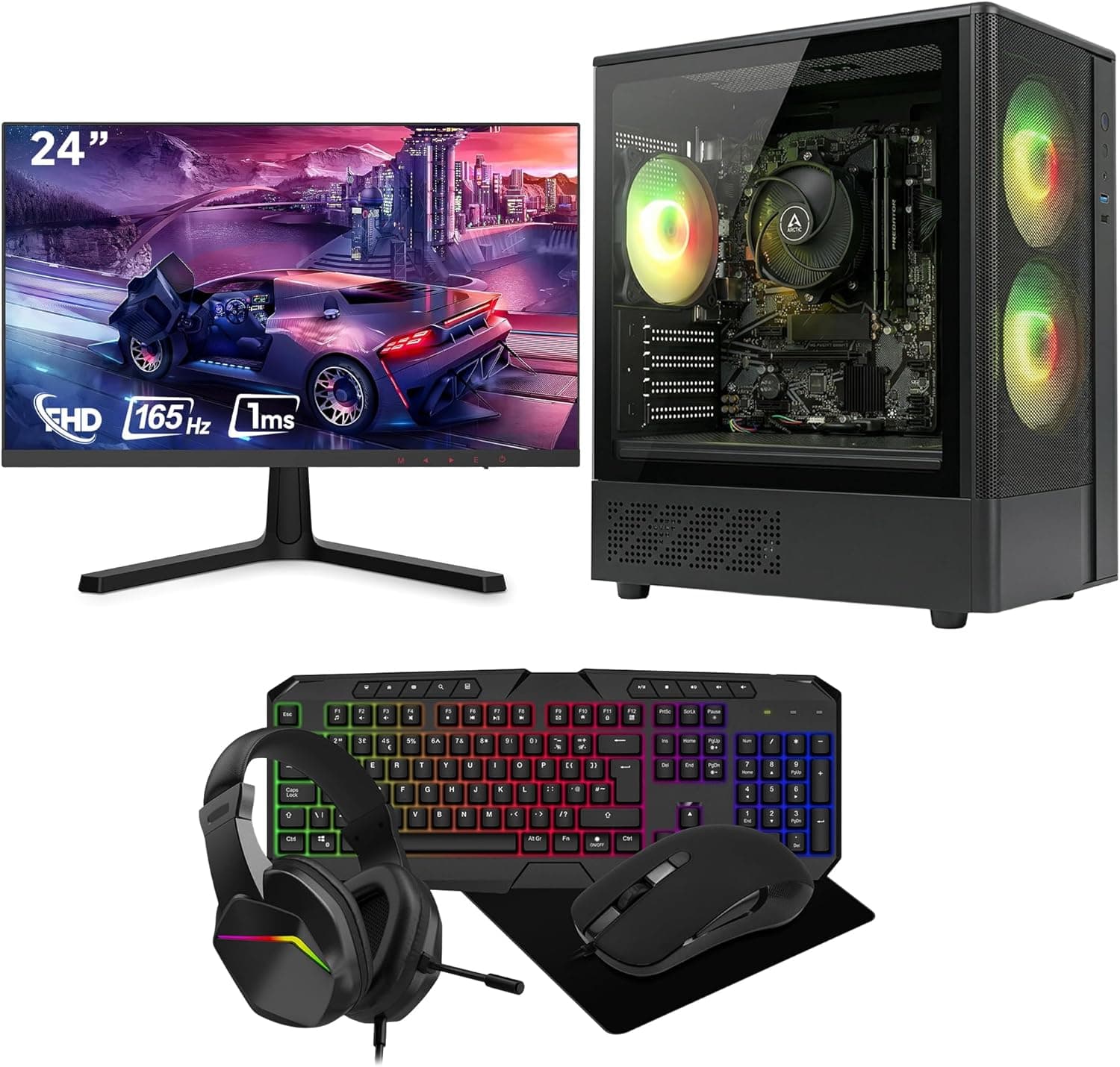 GTR Gaming -Starter PC Bundle – Ryzen 5 | 16GB RAM | 1TB SSD | 24” 165Hz Monitor | Esports Ready for Fortnite, Valorant & Minecraft | Full Setup with Keyboard, Mouse & Headset | Windows 11 | WiFi