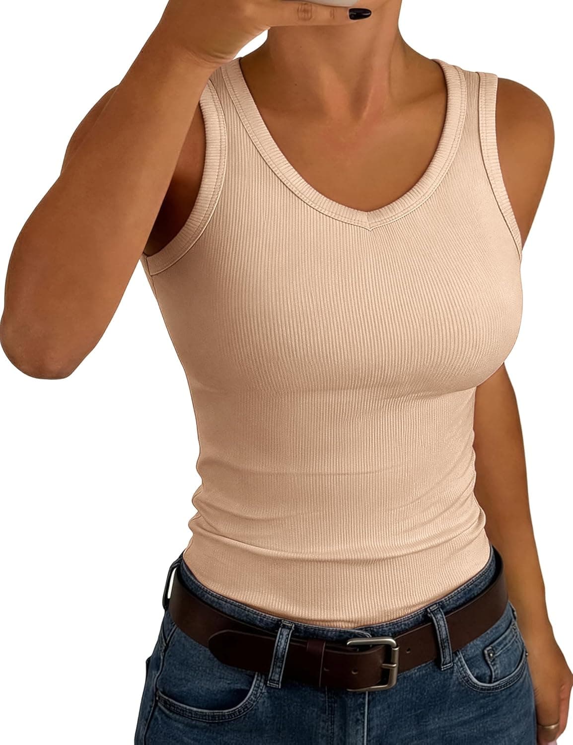 Aottori Tank Top Damen V-Ausschnitt Sommer Oberteile Ärmellos Gerippt Slim Fit Tanktops Sexy Stretch Basic Unterhemd Casual Einfarbig