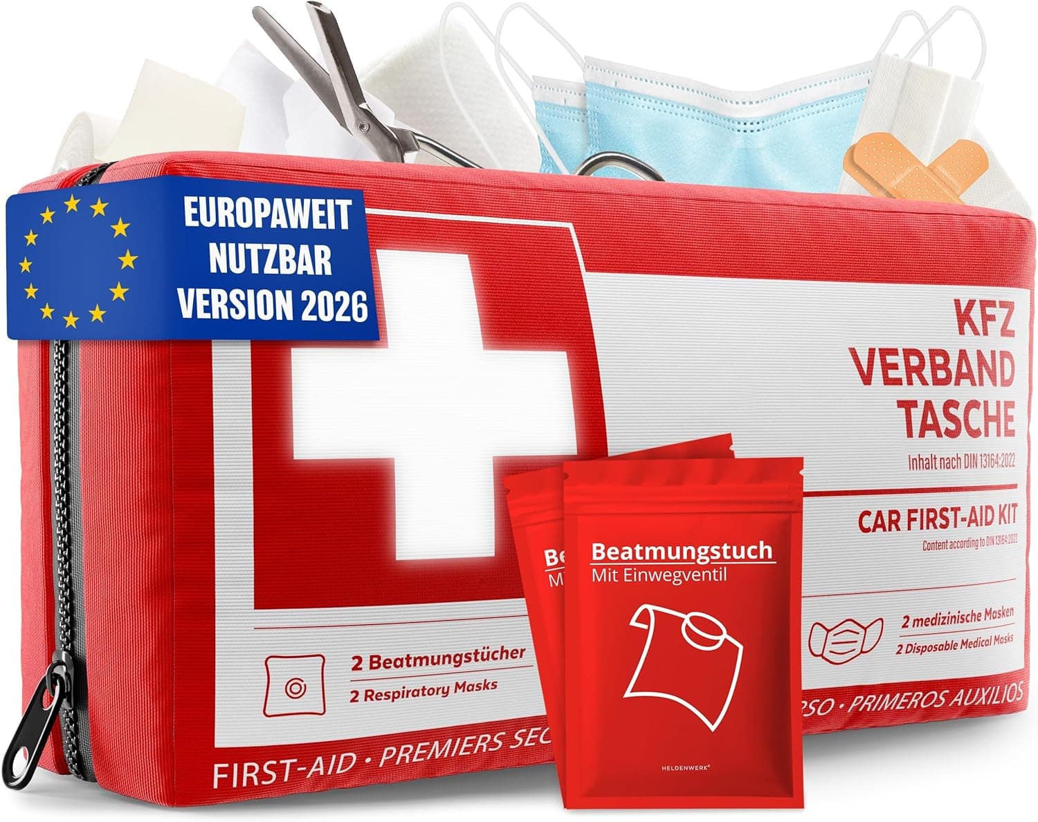 KFZ Verbandstasche nach aktueller Norm 2026 inkl. Beatmungstüchern - KFZ Verbandskasten europaweit nutzbar - Erste Hilfe Set Verbandkasten DIN 13164:2022 (StVO konform)