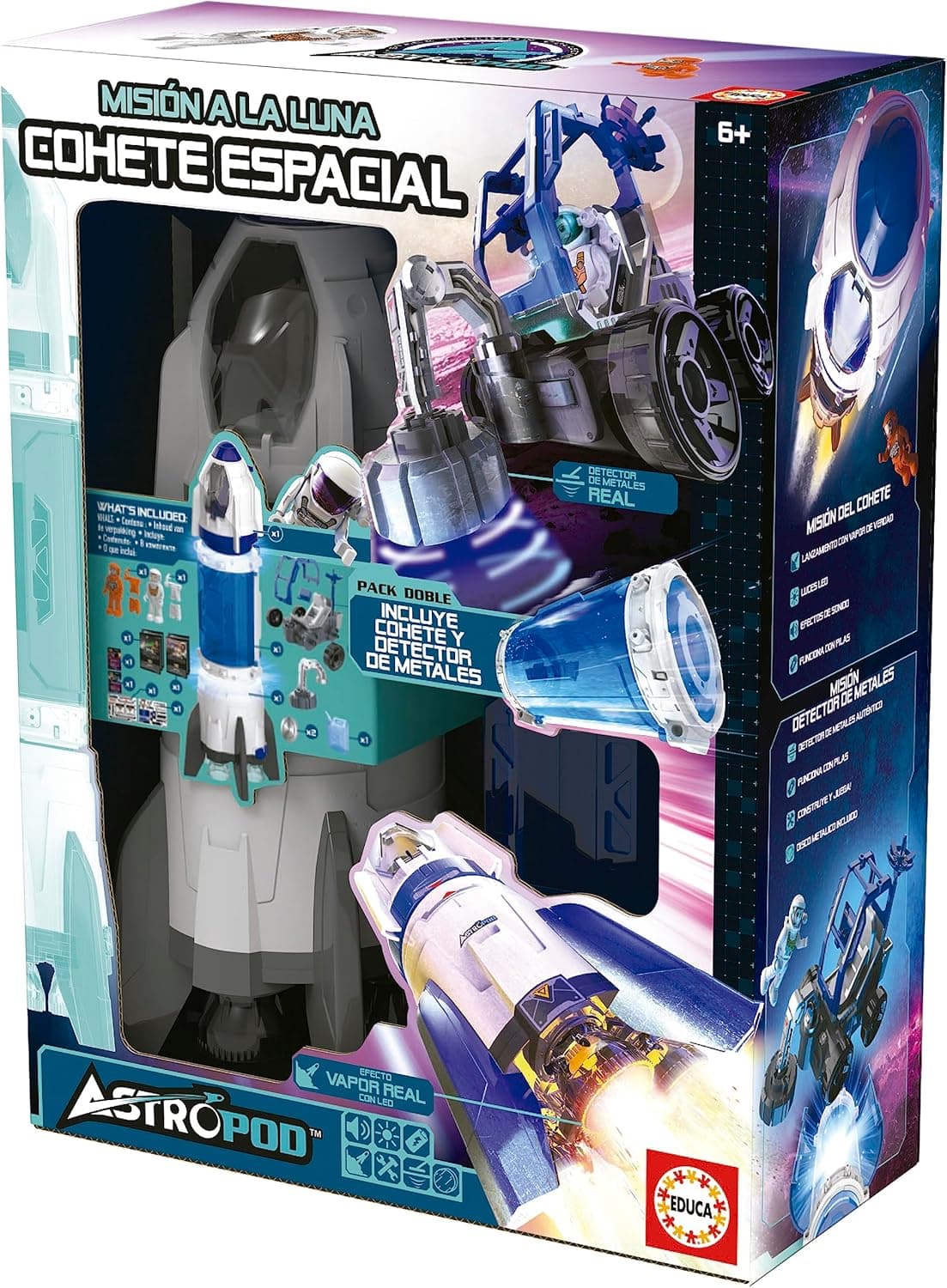Educa - Misión a la Luna - Cohete Espacial, Construye y Juega; Cohete con Humo Efecto Humo y vehículo Lunar con Detector de Metales Real; Luces y Sonido; A Partir de 6 Años (41350)