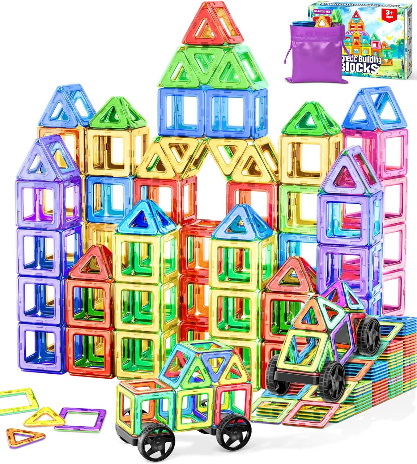 Magnetic Tiles for Kids, Magnetic Building Blocks Toys for 3 4 5 6 Year Old Girls Boys, Magnetic Tiles, Montessori Toddler Toys, 3D Building Construction STEM Toys, 50pcs Magnets, Kids Easter Gifts